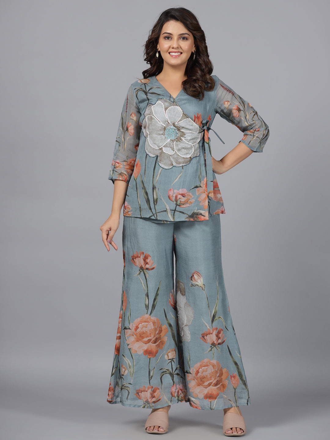 Juniper Grey Floral Printed Organza Printed Tunic & Sequins