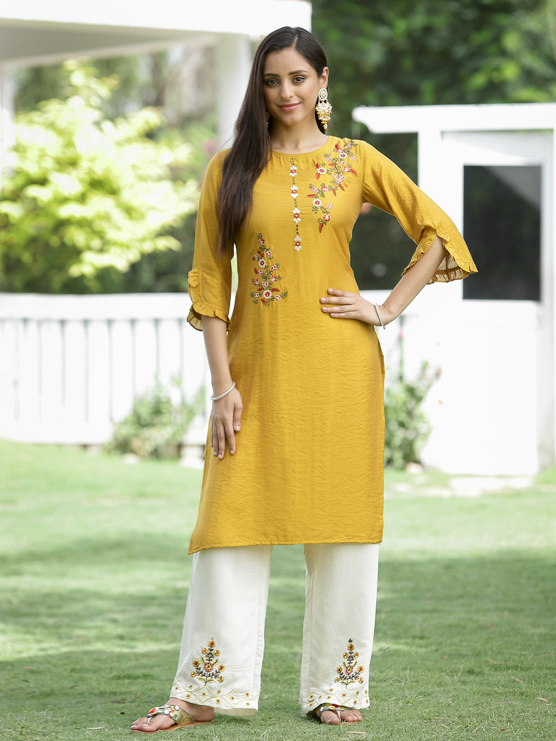Juniper Mustard Embroidered Mono Viscose Kurta Palazzo & Chanderi Dupatta Set