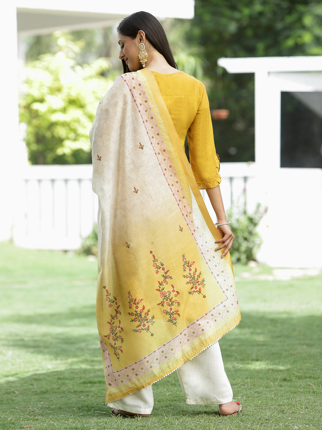 Juniper Mustard Embroidered Mono Viscose Kurta Palazzo & Chanderi Dupatta Set