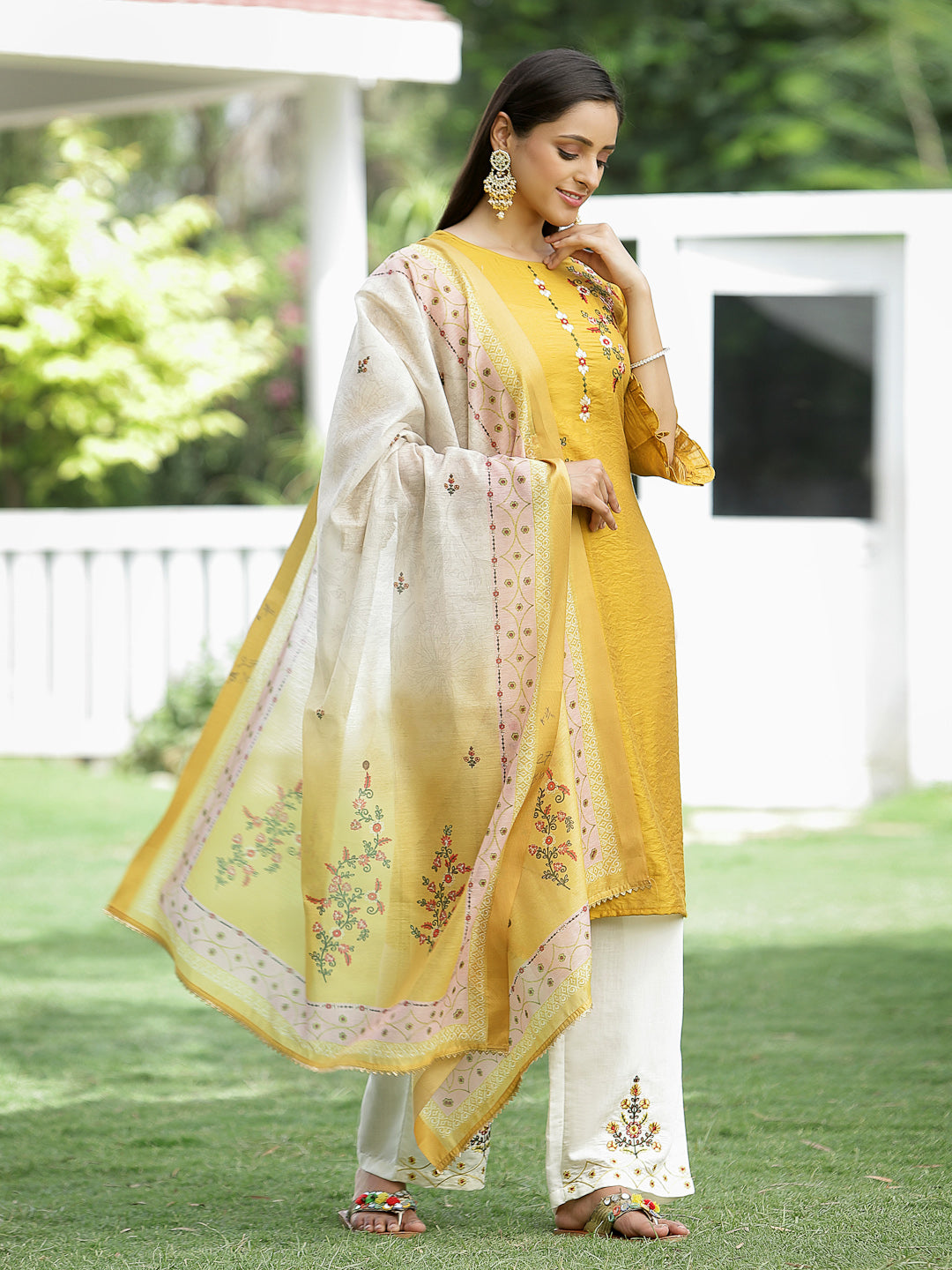 Juniper Mustard Embroidered Mono Viscose Kurta Palazzo & Chanderi Dupatta Set