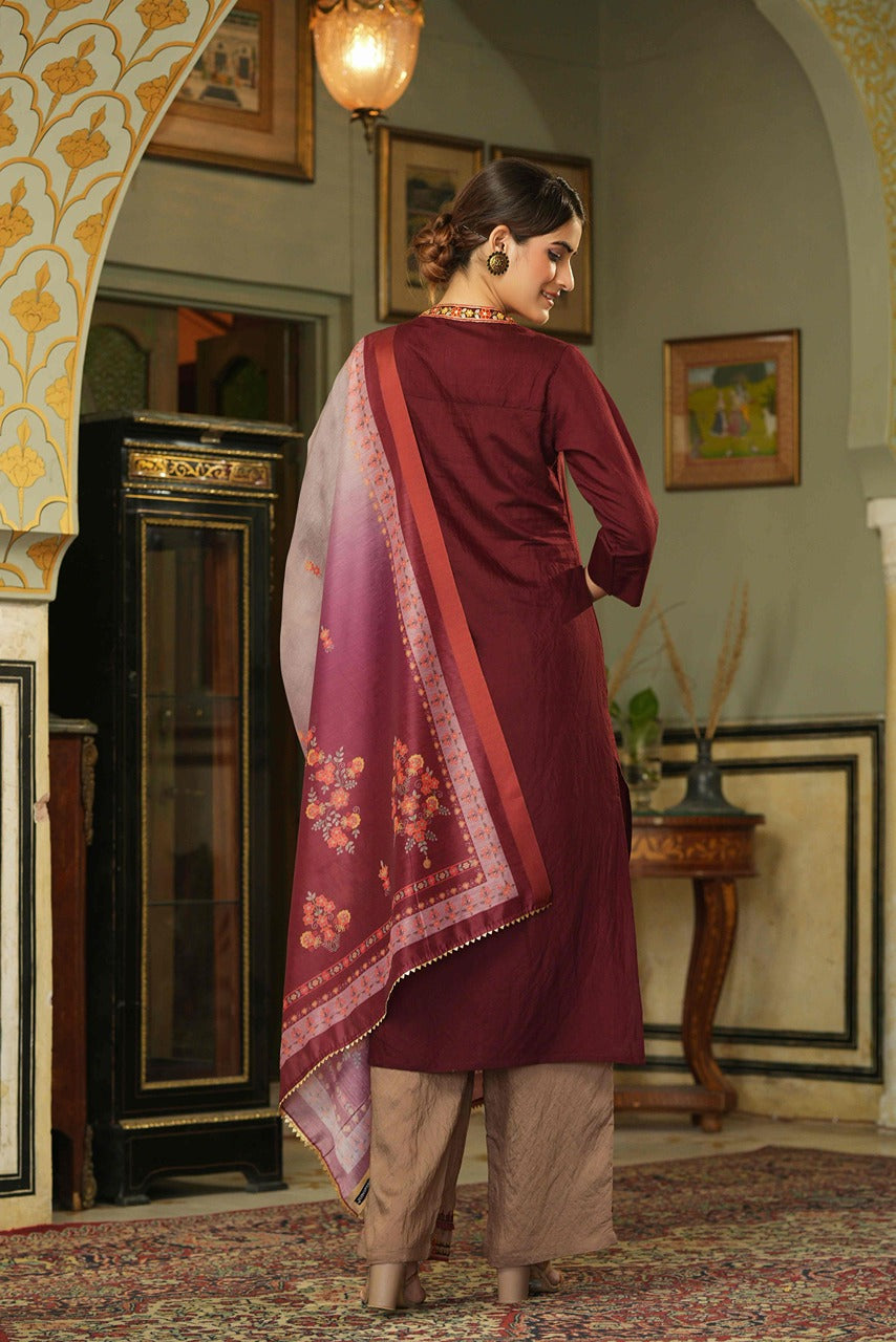 Juniper Maroon Embroidered Mono Viscose Kurta Palazzo & Chanderi Dupatta with Thread Work