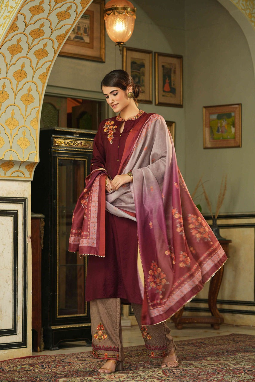 Juniper Maroon Embroidered Mono Viscose Kurta Palazzo & Chanderi Dupatta with Thread Work