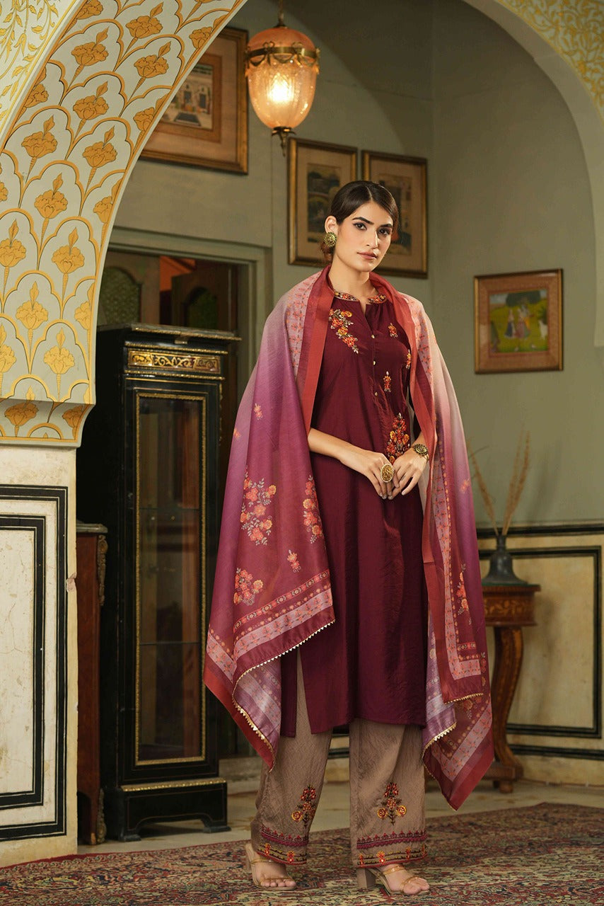 Juniper Maroon Embroidered Mono Viscose Kurta Palazzo & Chanderi Dupatta with Thread Work