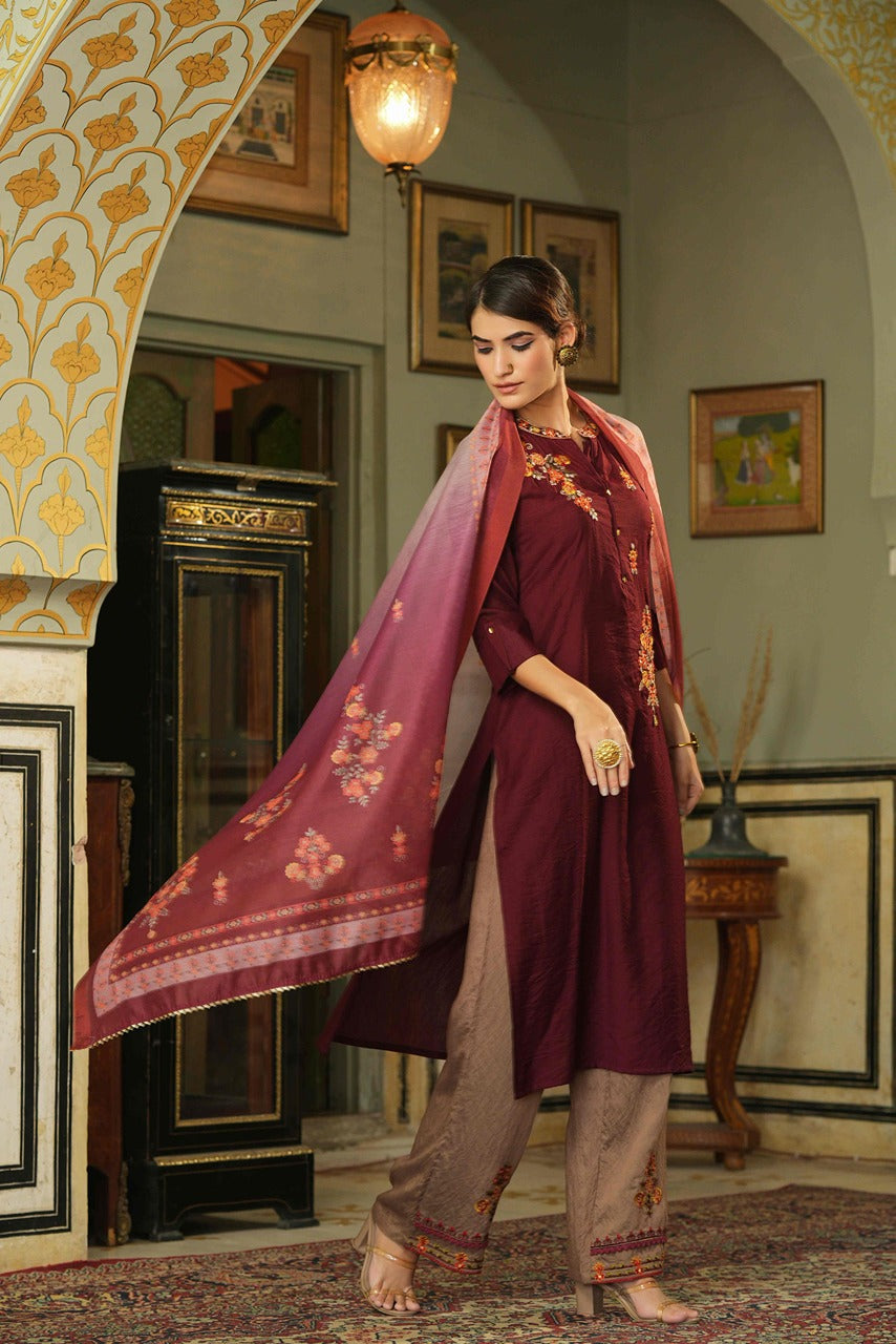 Juniper Maroon Embroidered Mono Viscose Kurta Palazzo & Chanderi Dupatta with Thread Work