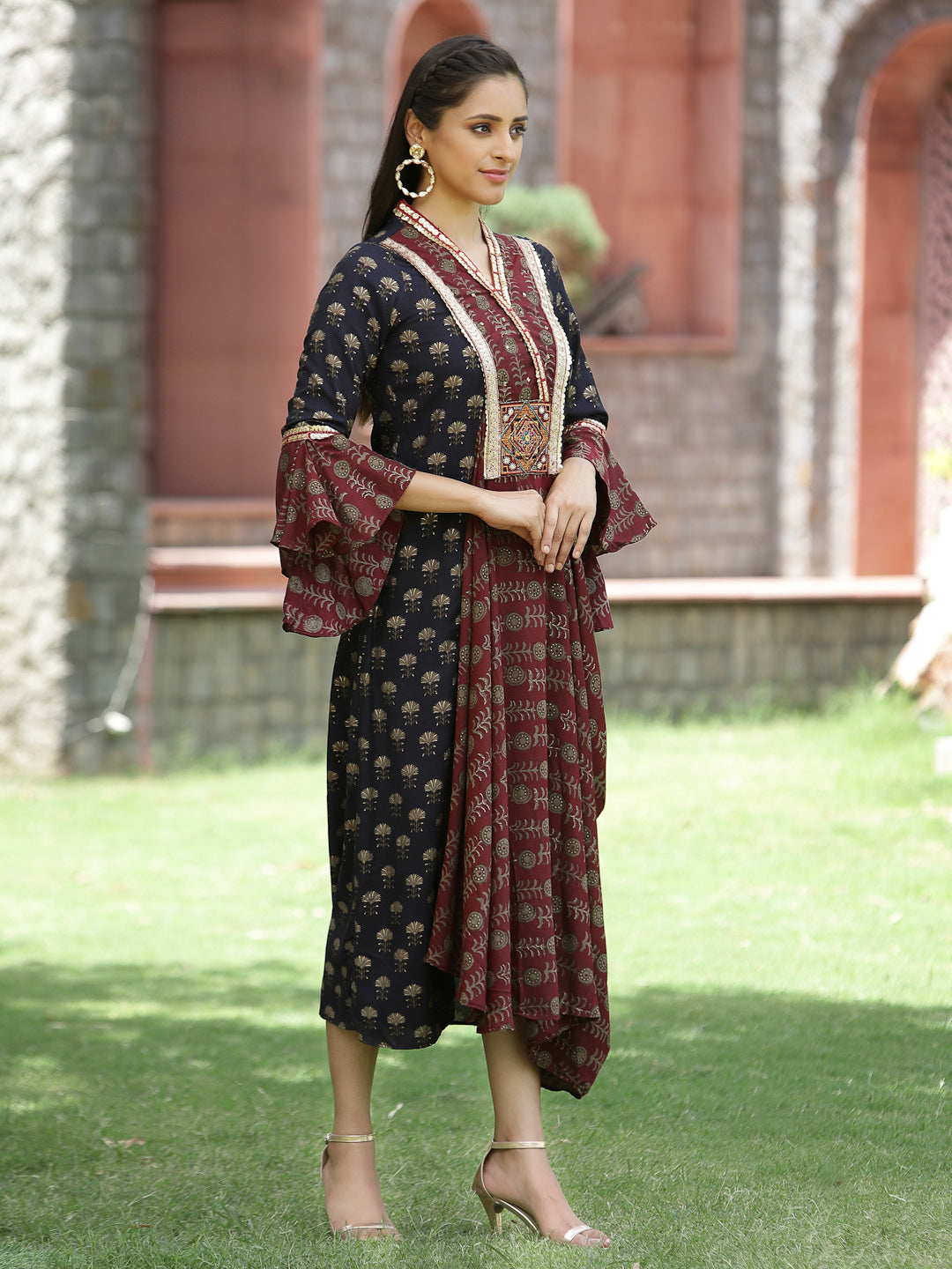 Juniper Women Brown Silk Printed Flared Dress