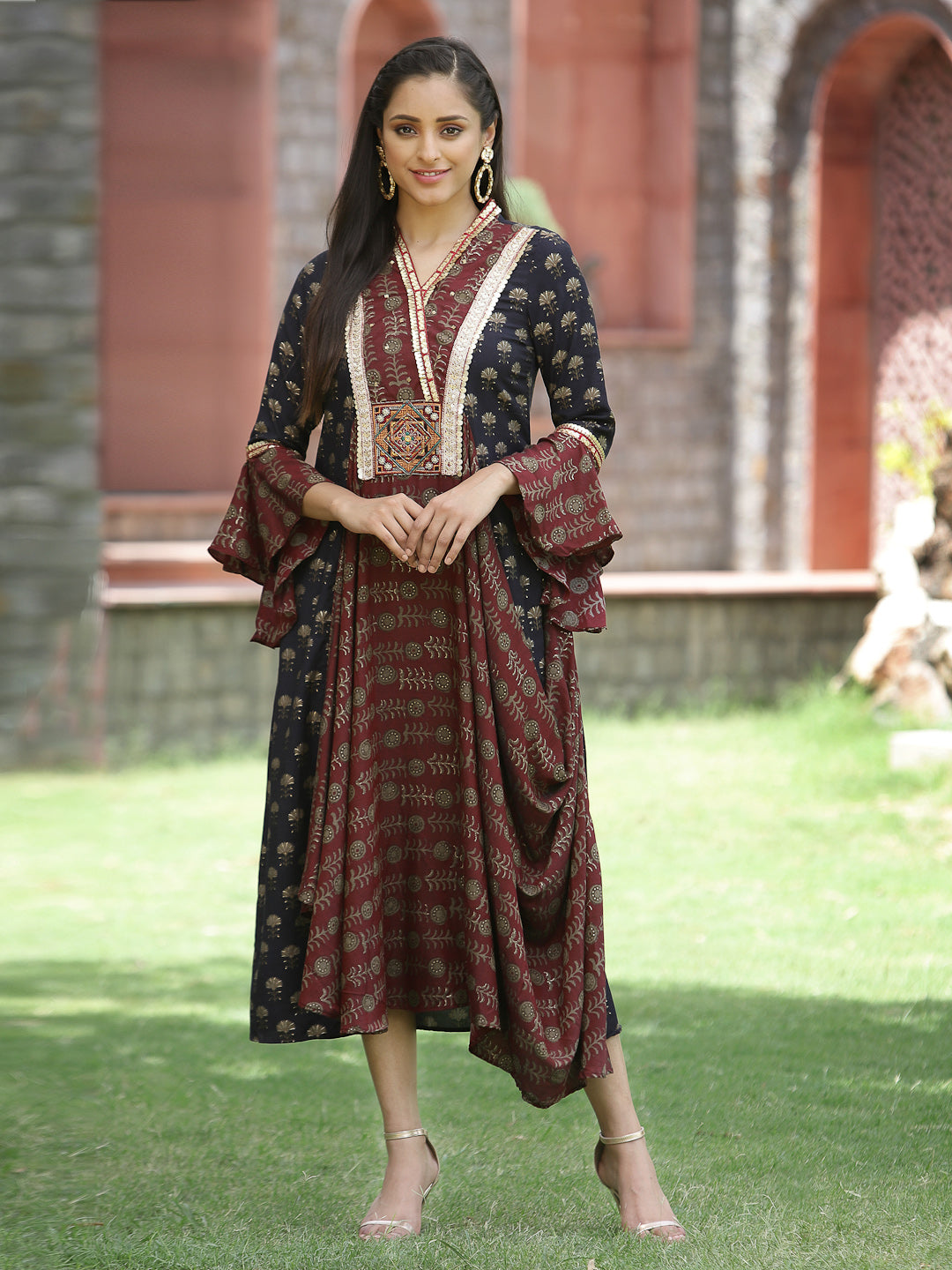 Juniper Women Brown Silk Printed Flared Dress