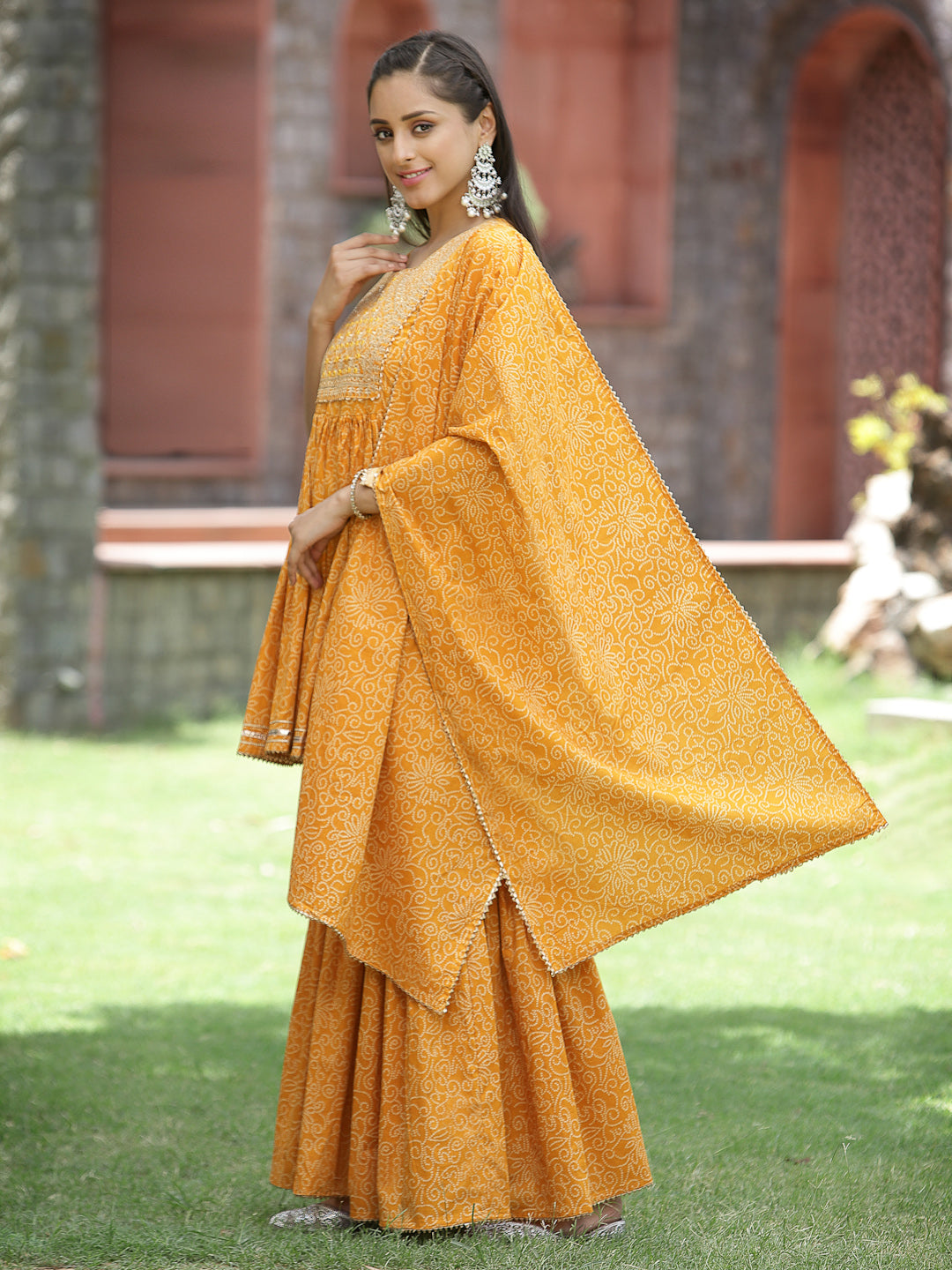 Juniper Women`s Yellow Cotton Embroidered Peplum Kurta Sets