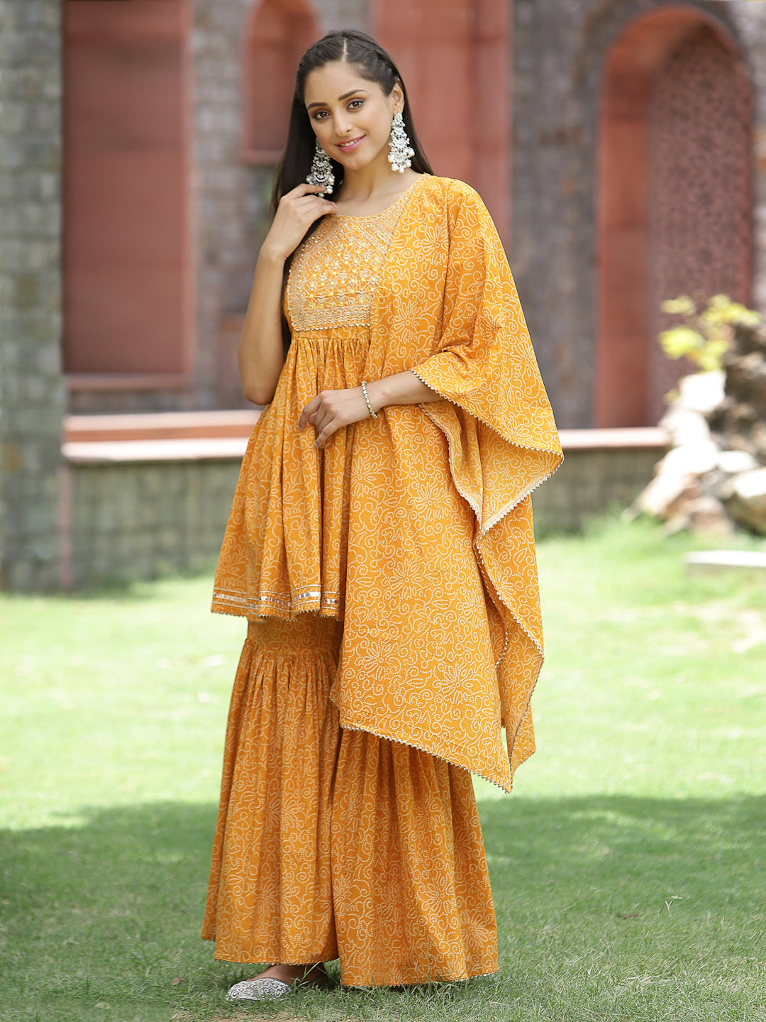 Juniper Women`s Yellow Cotton Embroidered Peplum Kurta Sets