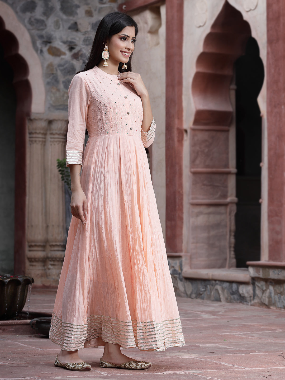 Juniper Peach Solid Cotton Maxi Dress with Beads Work