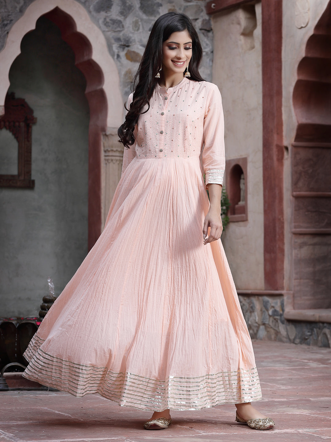 Juniper Peach Solid Cotton Maxi Dress with Beads Work