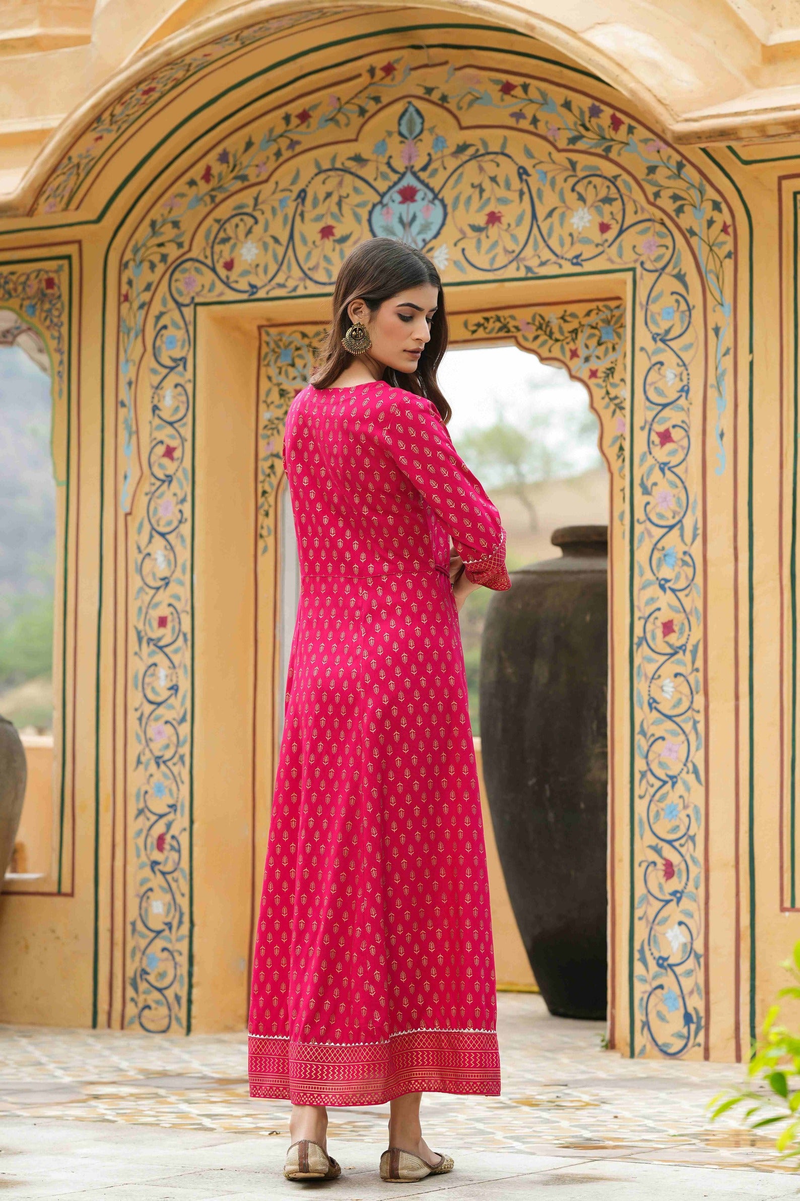 Juniper Women's Fuchsia Rayon Foil Printed Anarkali Maxi Dress