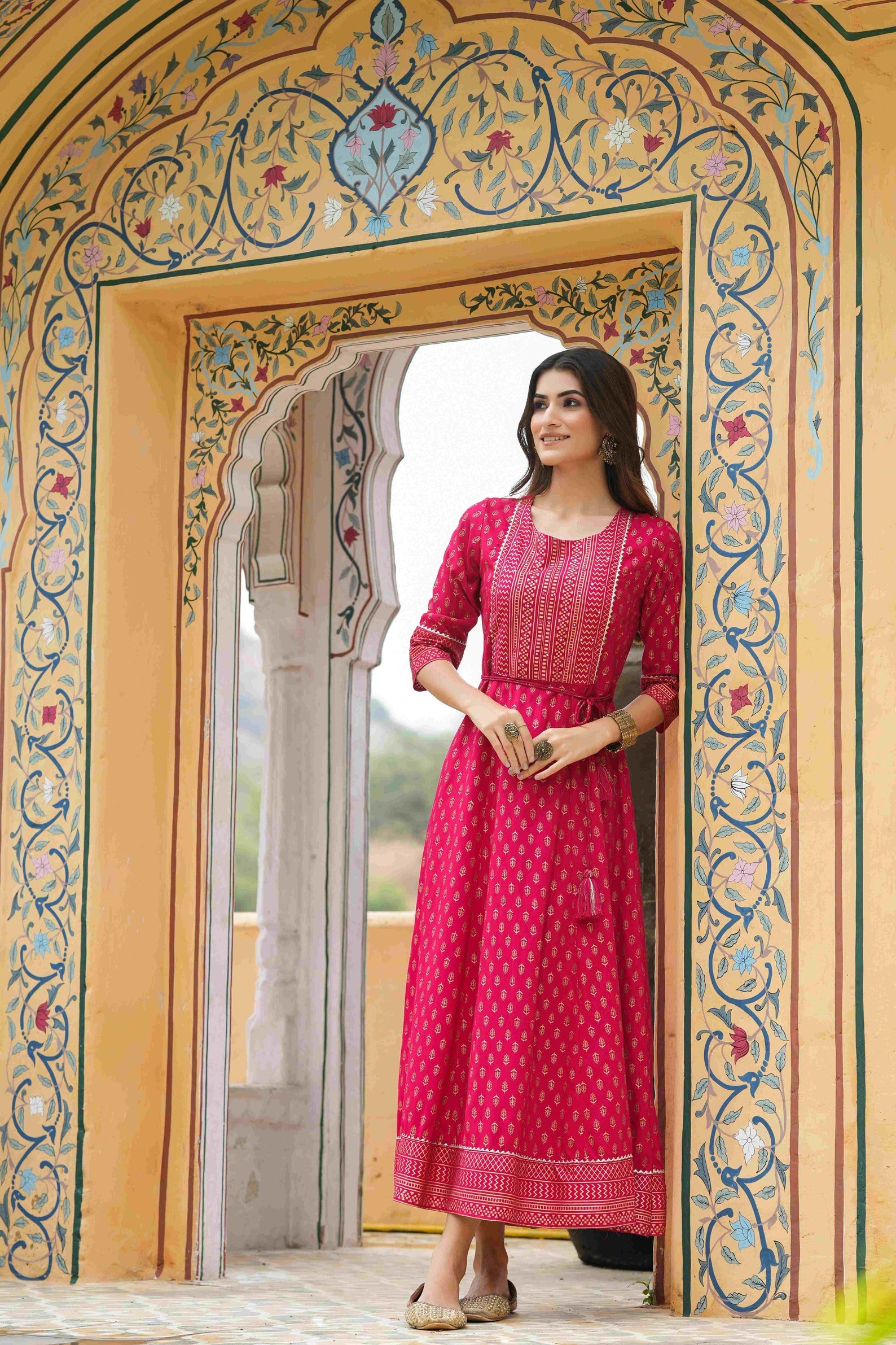 Juniper Women's Fuchsia Rayon Foil Printed Anarkali Maxi Dress