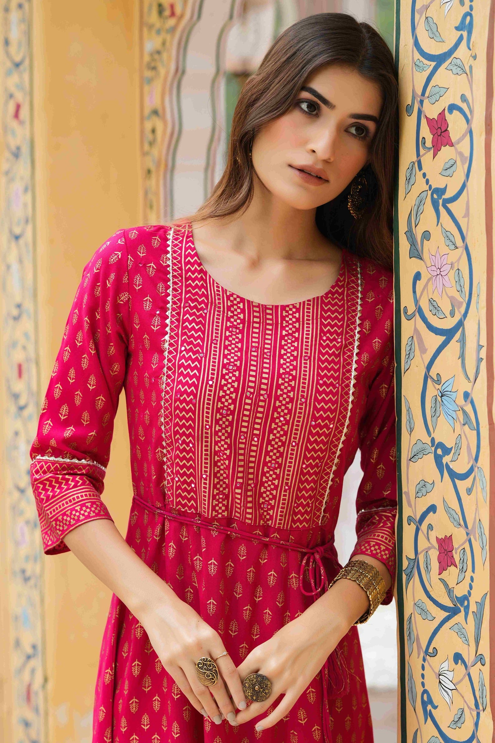Juniper Women's Fuchsia Rayon Foil Printed Anarkali Maxi Dress