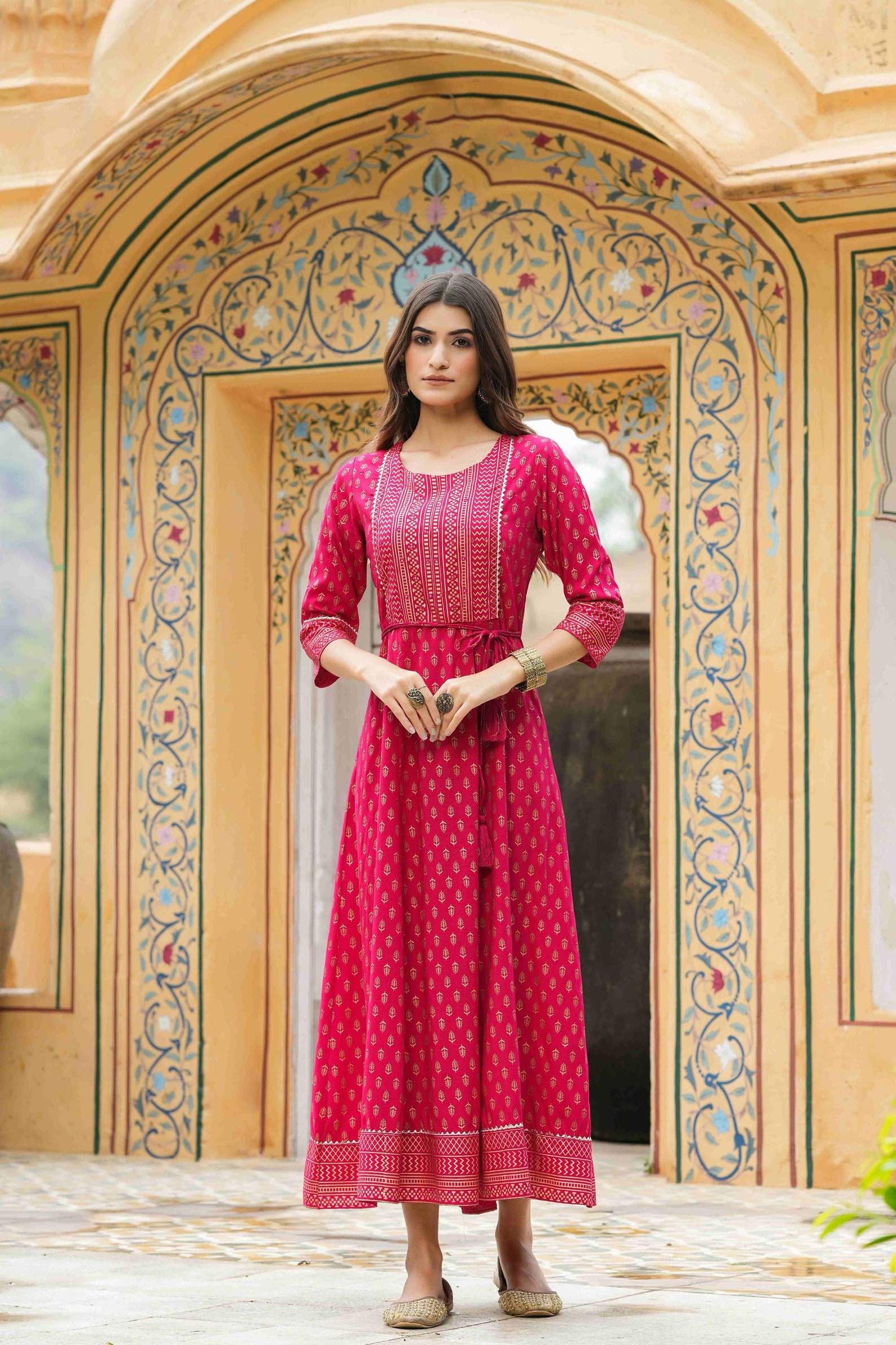 Juniper Women's Fuchsia Rayon Foil Printed Anarkali Maxi Dress