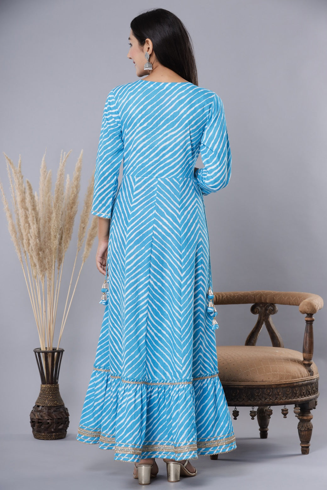 Juniper Sky Blue Cotton Leheriya Printed Anarkali Dress with Embroidered Yoke