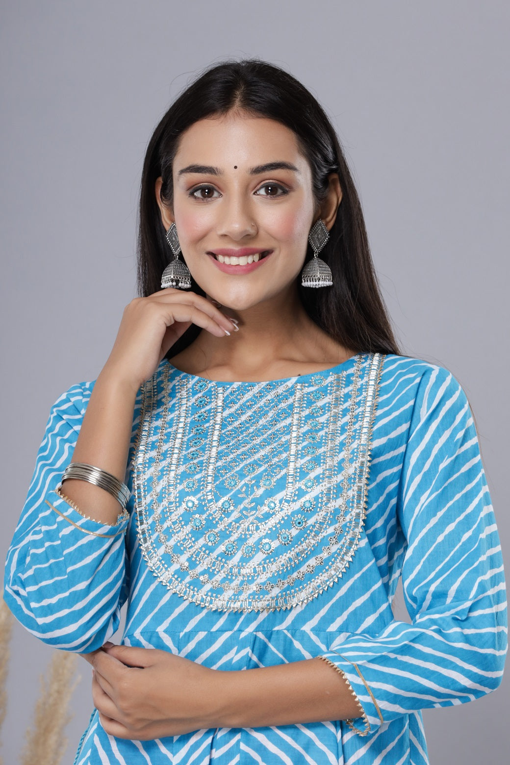 Juniper Sky Blue Cotton Leheriya Printed Anarkali Dress with Embroidered Yoke