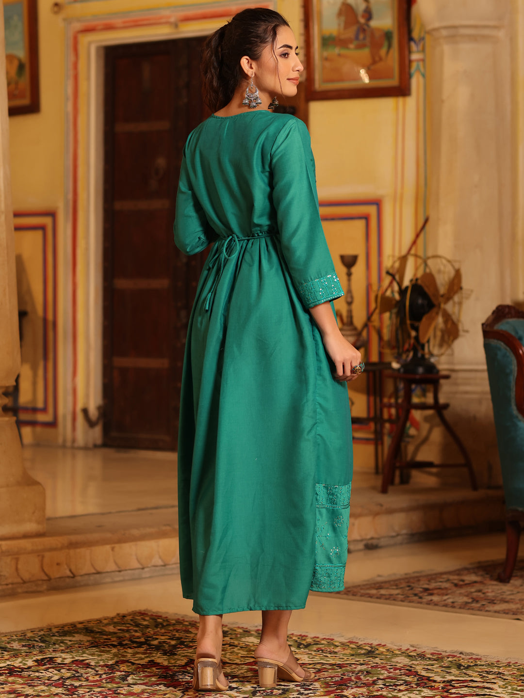 Juniper Women Teal Muslin Embroidered Maxi Dress