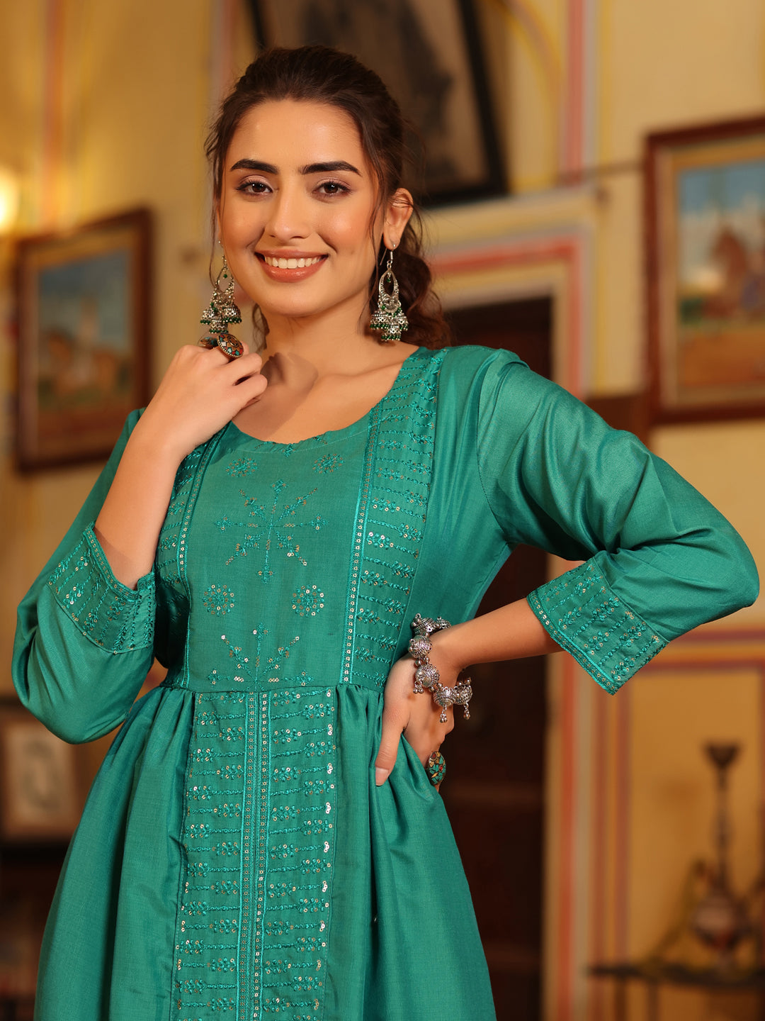 Juniper Women Teal Muslin Embroidered Maxi Dress