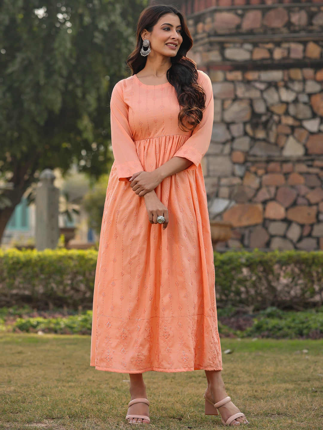 Juniper Women Peach Muslin Embroidered Maxi Dress