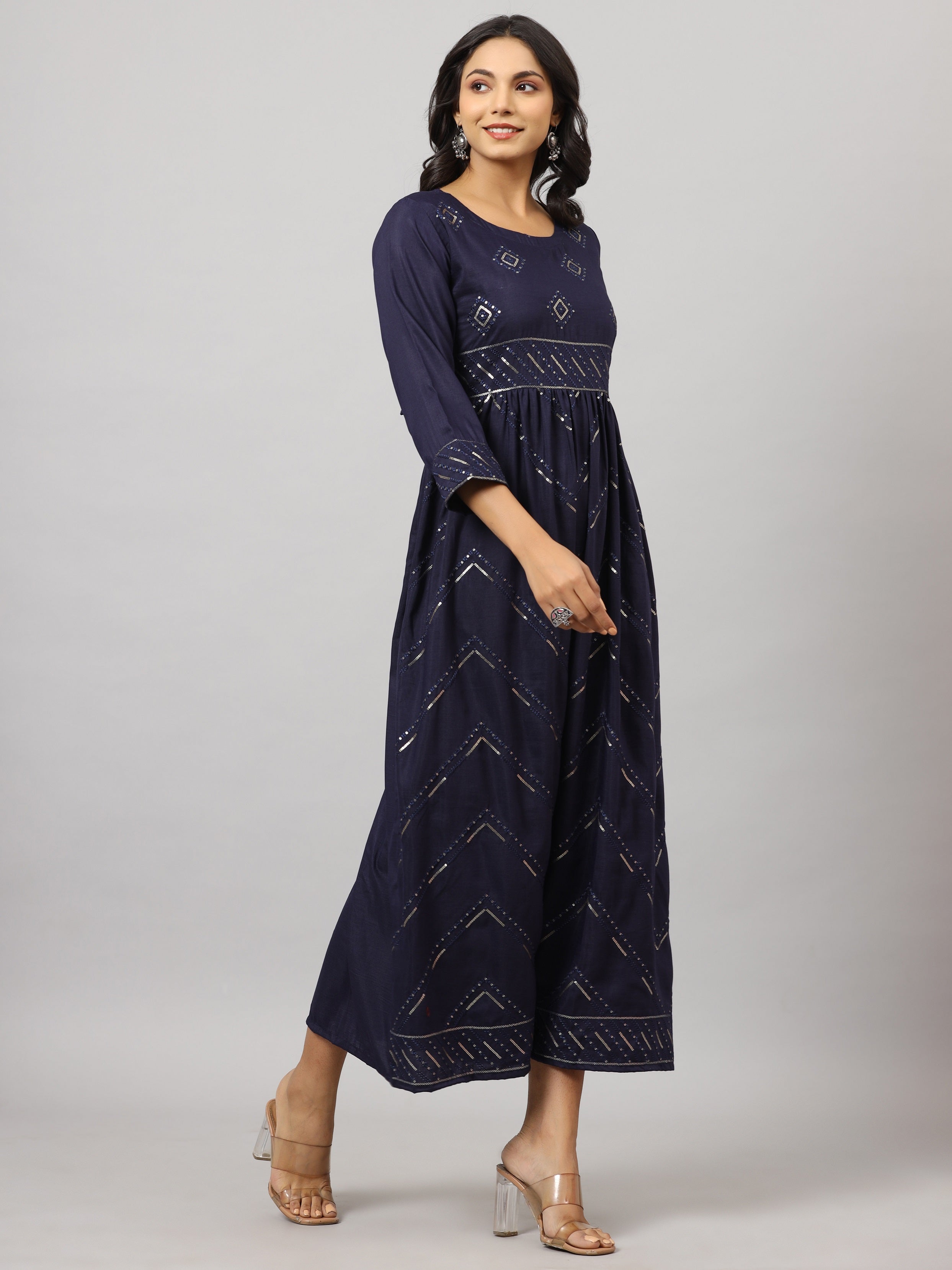 Juniper Women Navy Muslin Embroidered Maxi Dress