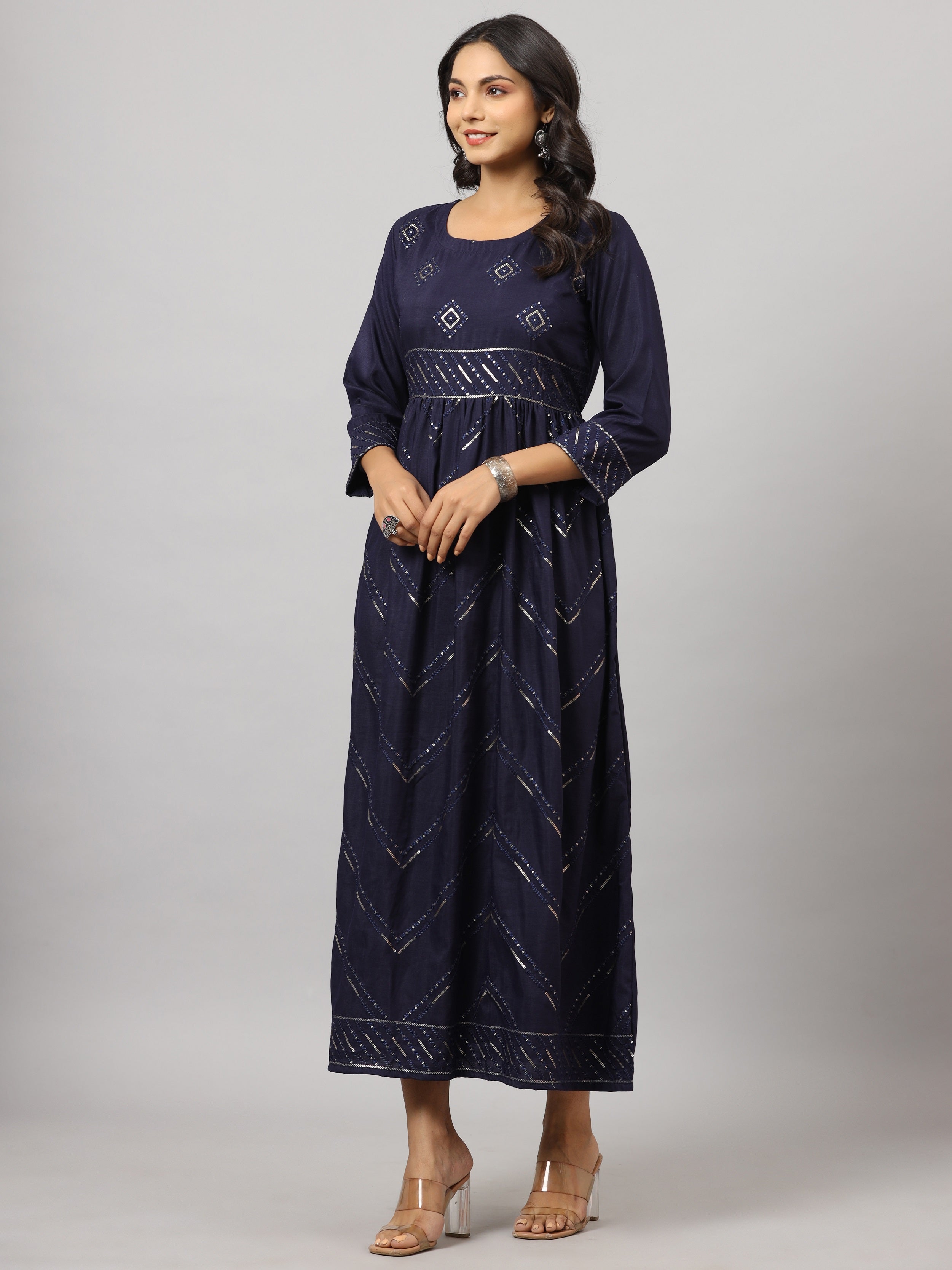 Juniper Women Navy Muslin Embroidered Maxi Dress