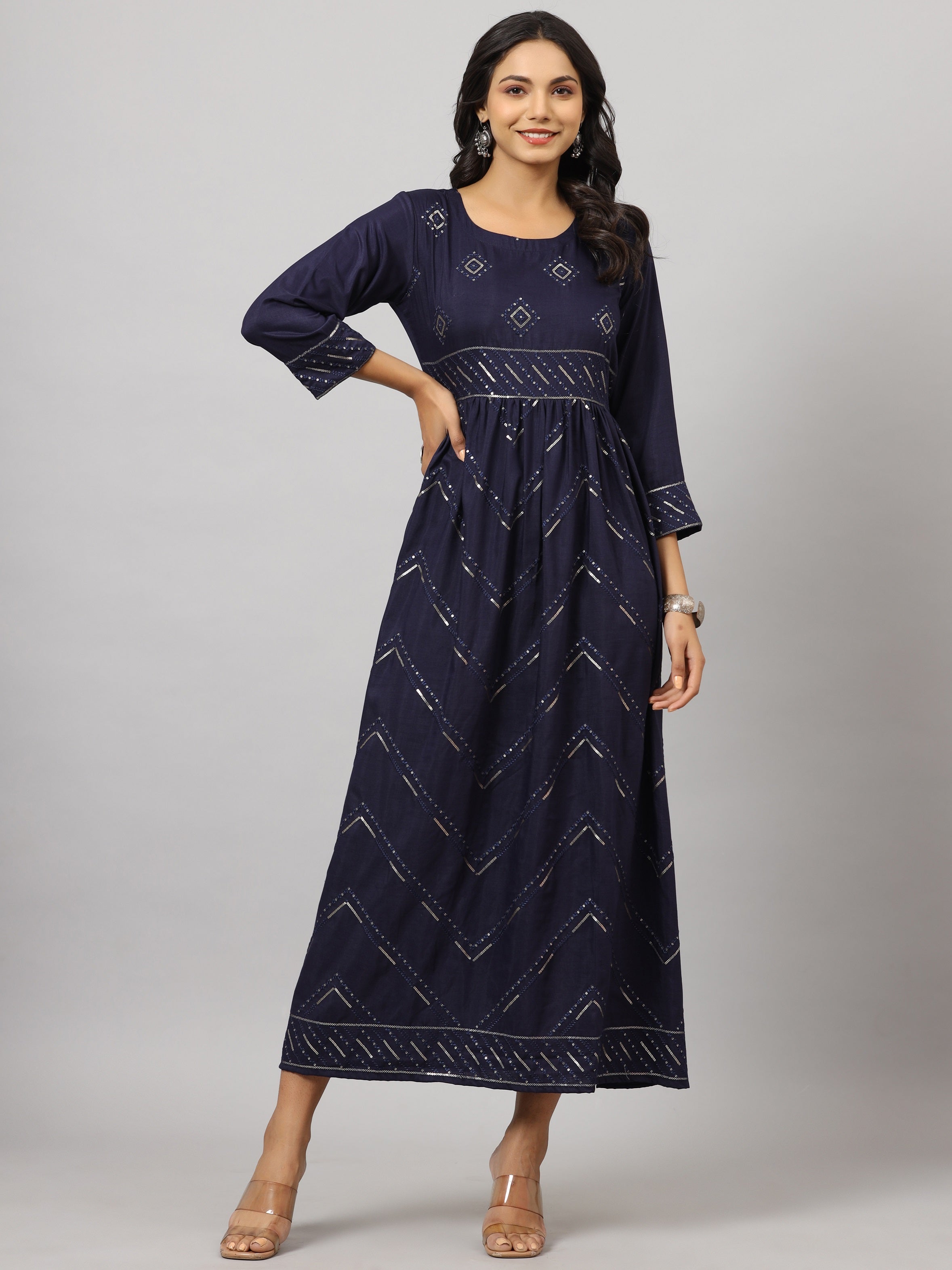 Juniper Women Navy Muslin Embroidered Maxi Dress