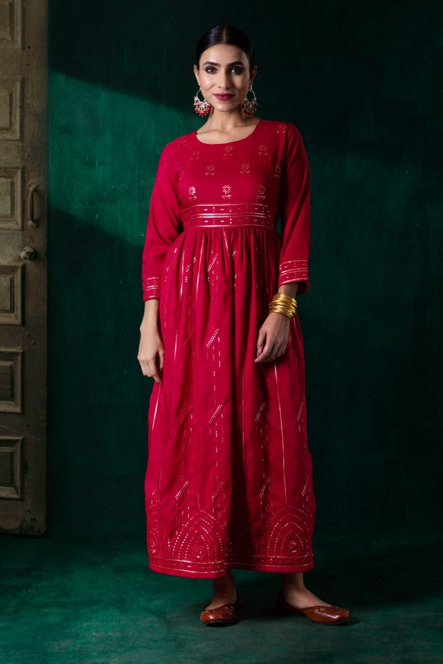 Juniper Red Muslin Embroidered Maxi Dress With Dori Tie Up & Tassels At Waist