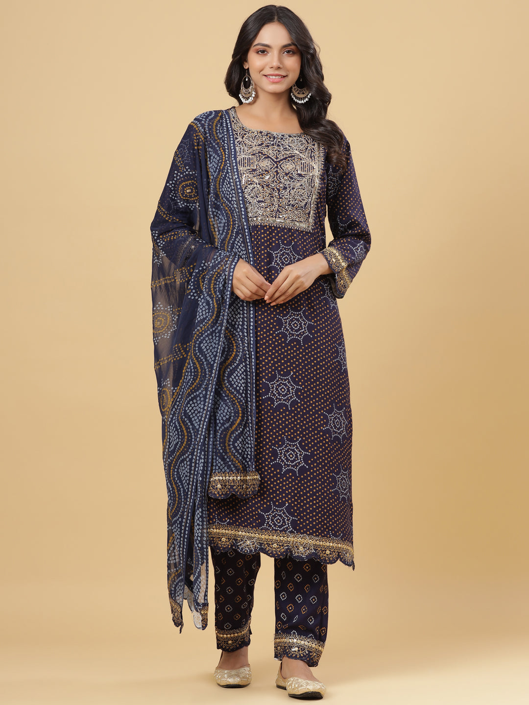 Juniper Navy Blue Bandhani Printed & Embroidered Rayon Kurta Pants & Dupatta with Sequins & Zari Work