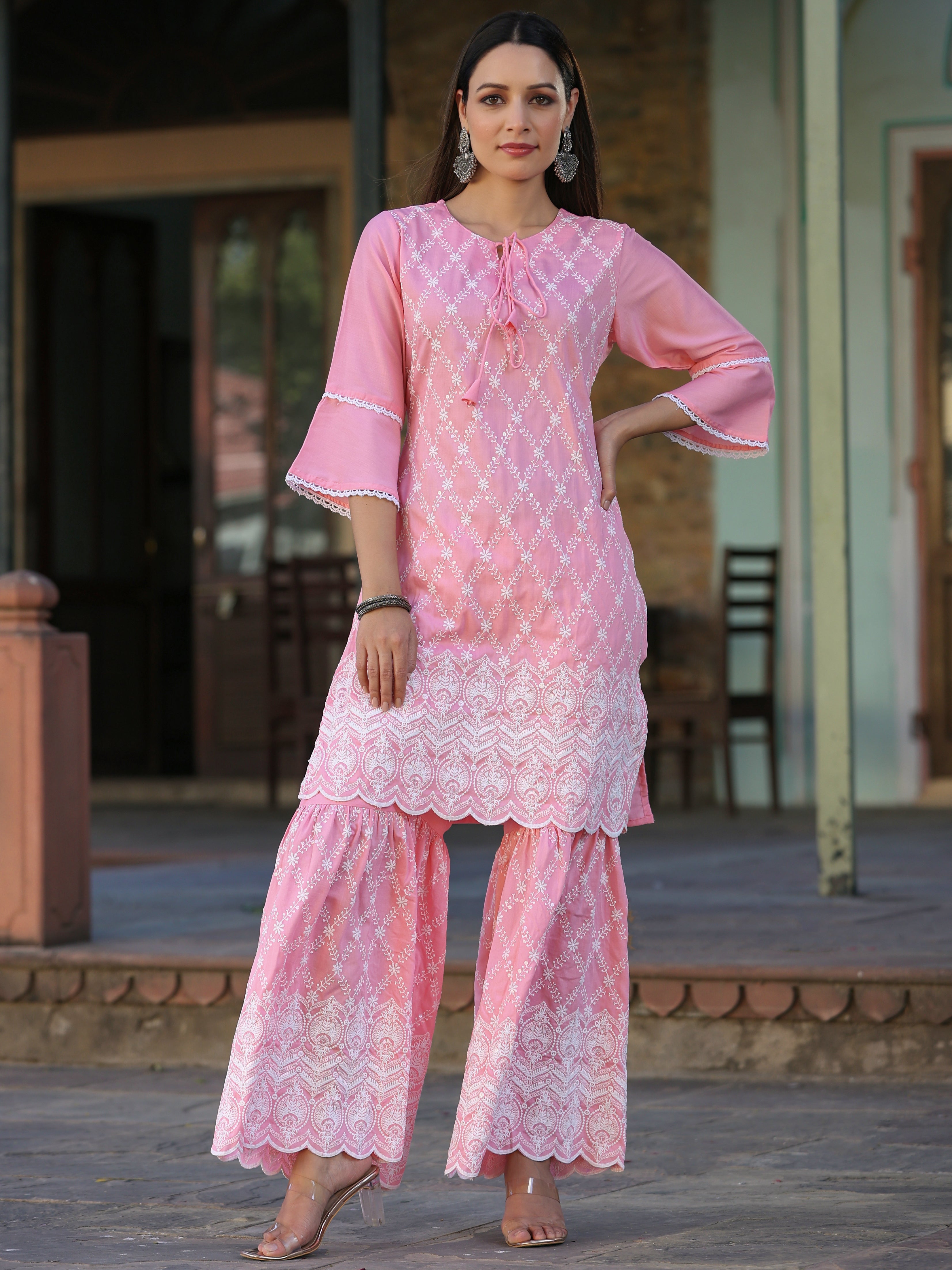Juniper Pink Embroidered Chinnon Kurta Sharara & Chiffon Dupatta Set