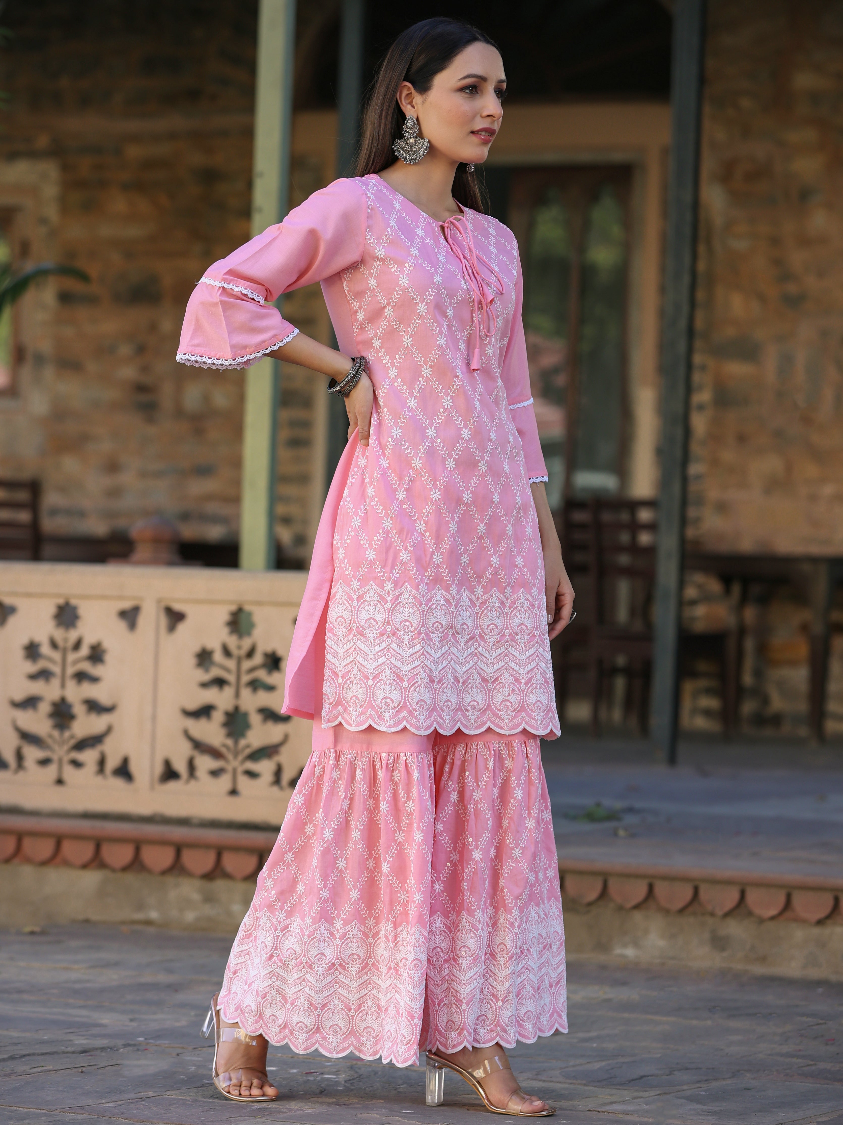 Juniper Pink Embroidered Chinnon Kurta Sharara & Chiffon Dupatta Set