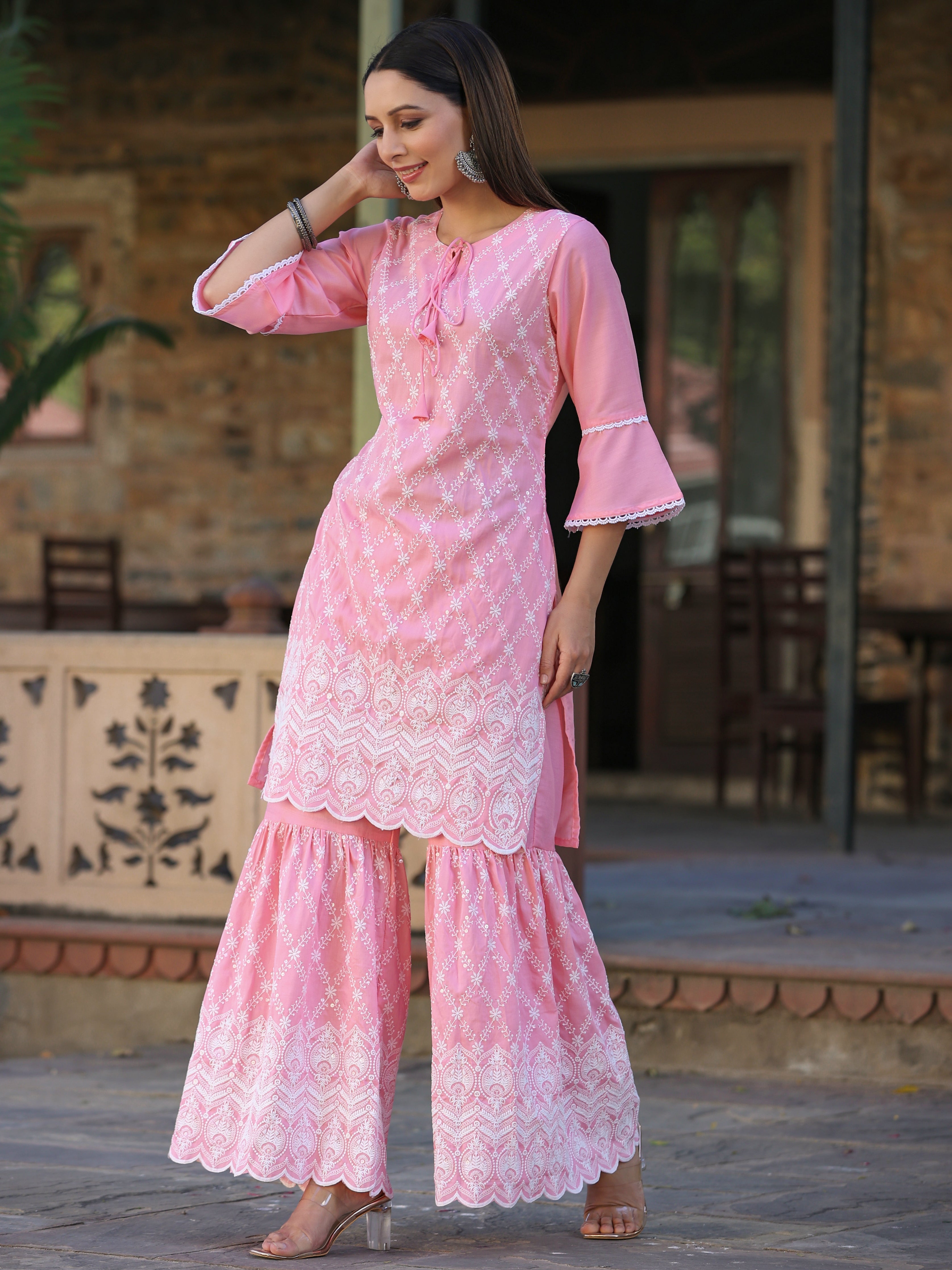 Juniper Pink Embroidered Chinnon Kurta Sharara & Chiffon Dupatta Set