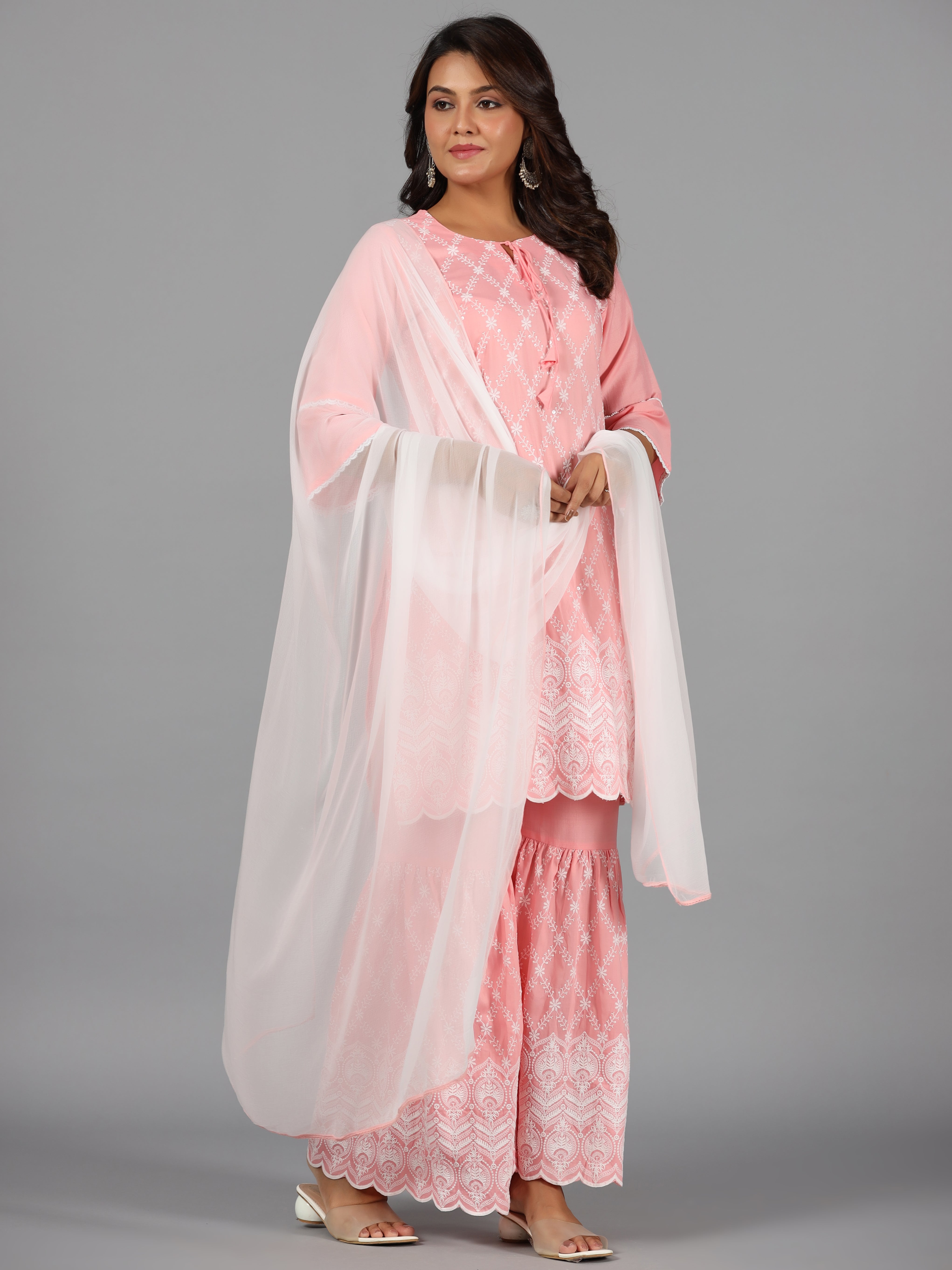 Juniper Pink Embroidered Chinnon Kurta Sharara & Chiffon Dupatta Set