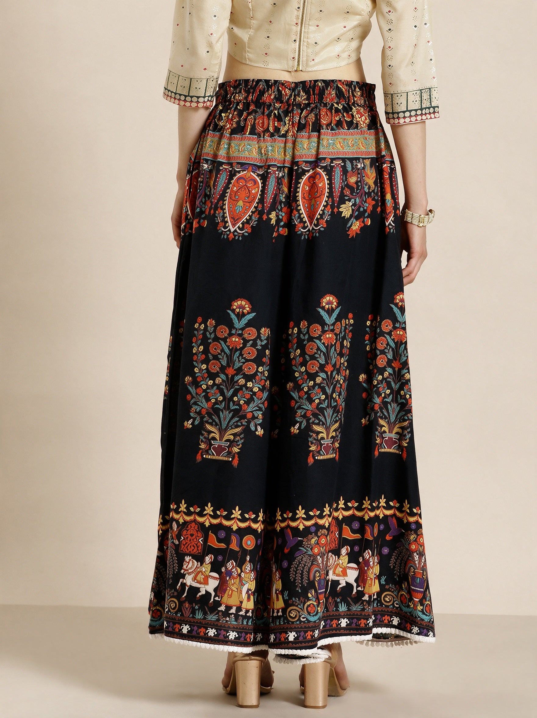 Juniper Women`s Black Cotton Printed Flared Palazzo
