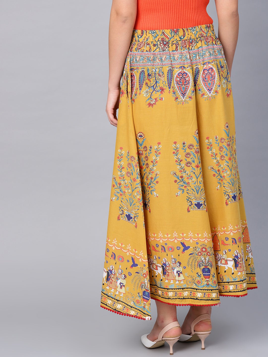 Juniper Mustard Ethnic Motif Printed Flared Cotton Women Palazzo With One Pocket