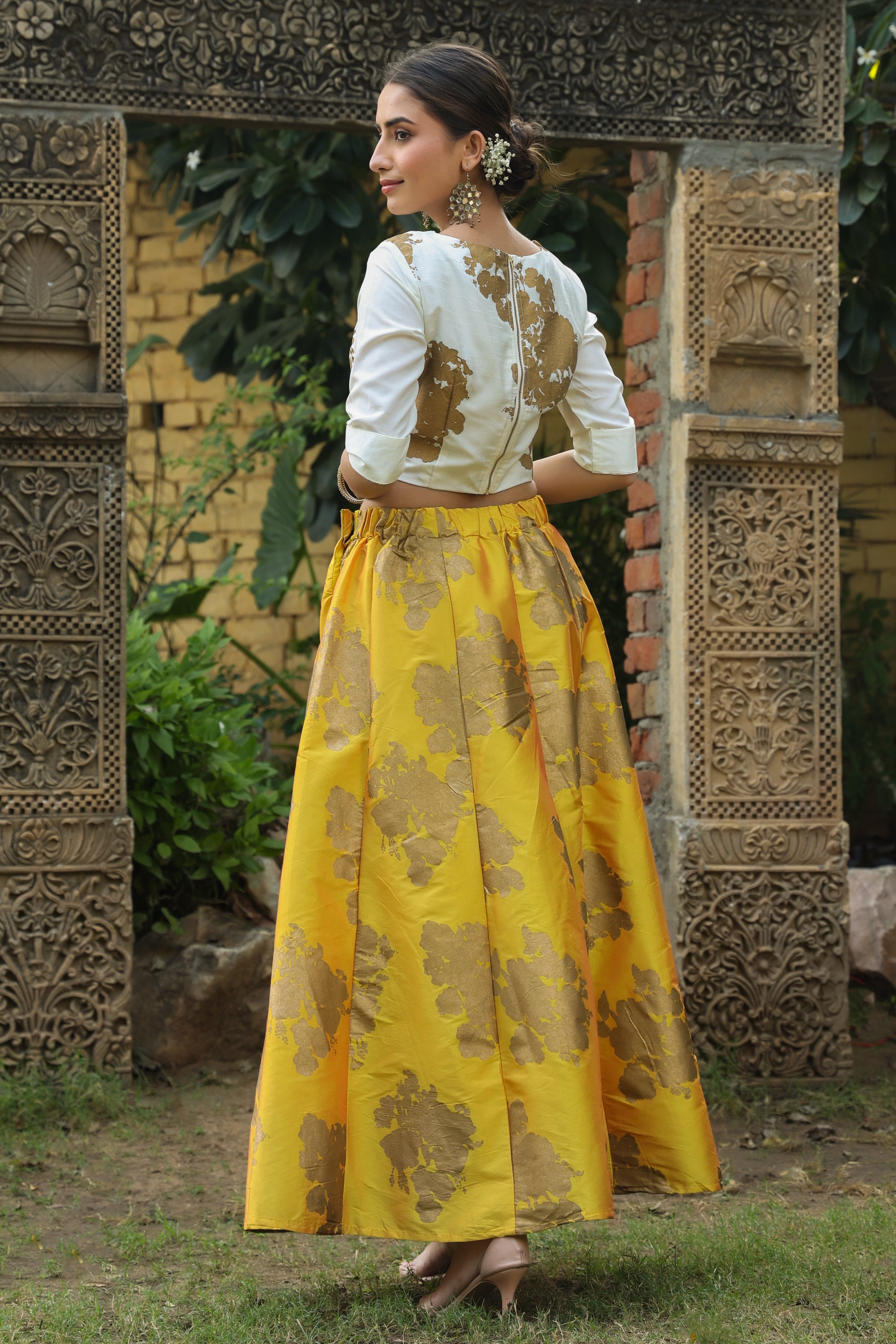 Juniper Women's Mustard Dupion Silk Printed Lehenga Choli Set