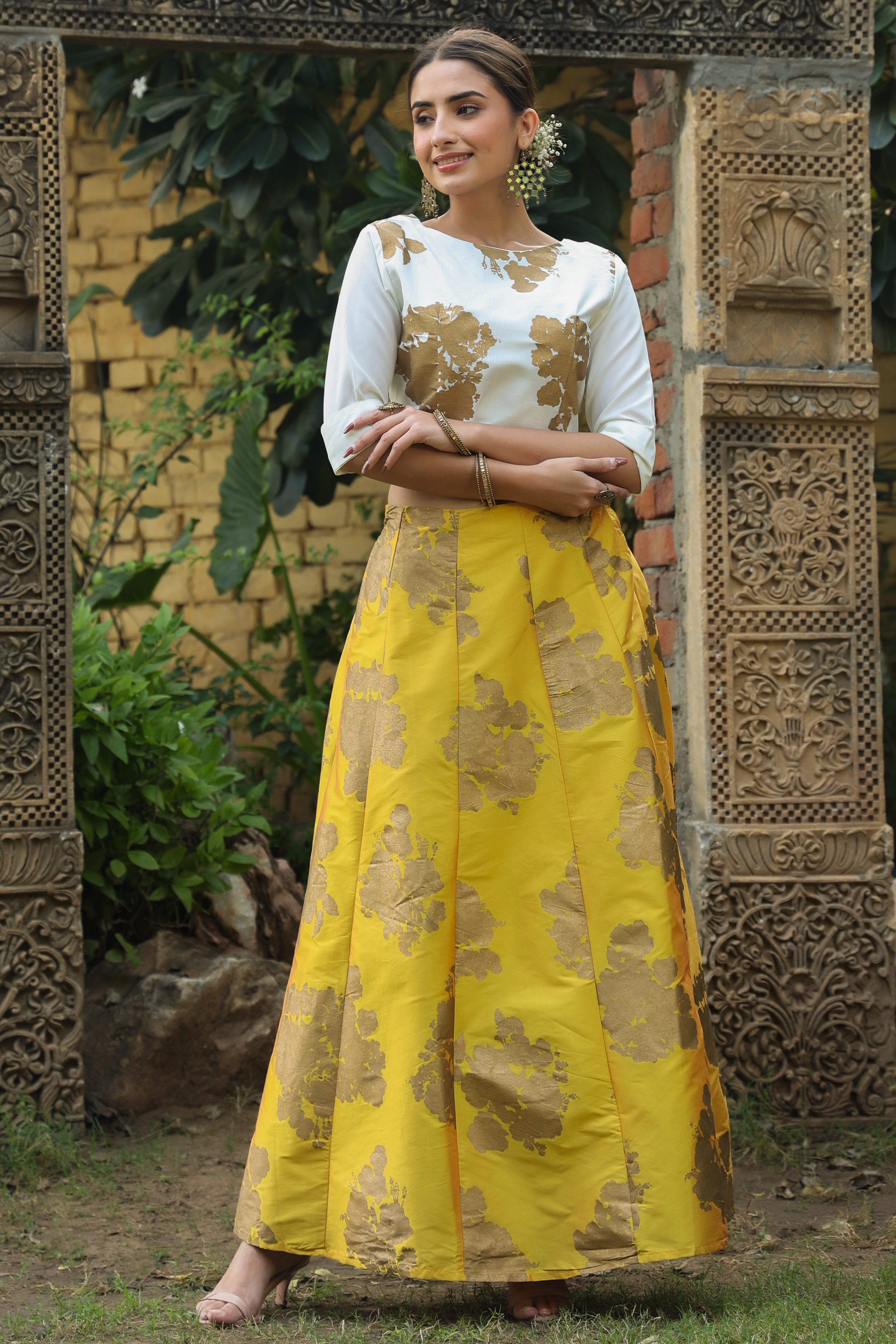 Juniper Women's Mustard Dupion Silk Printed Lehenga Choli Set
