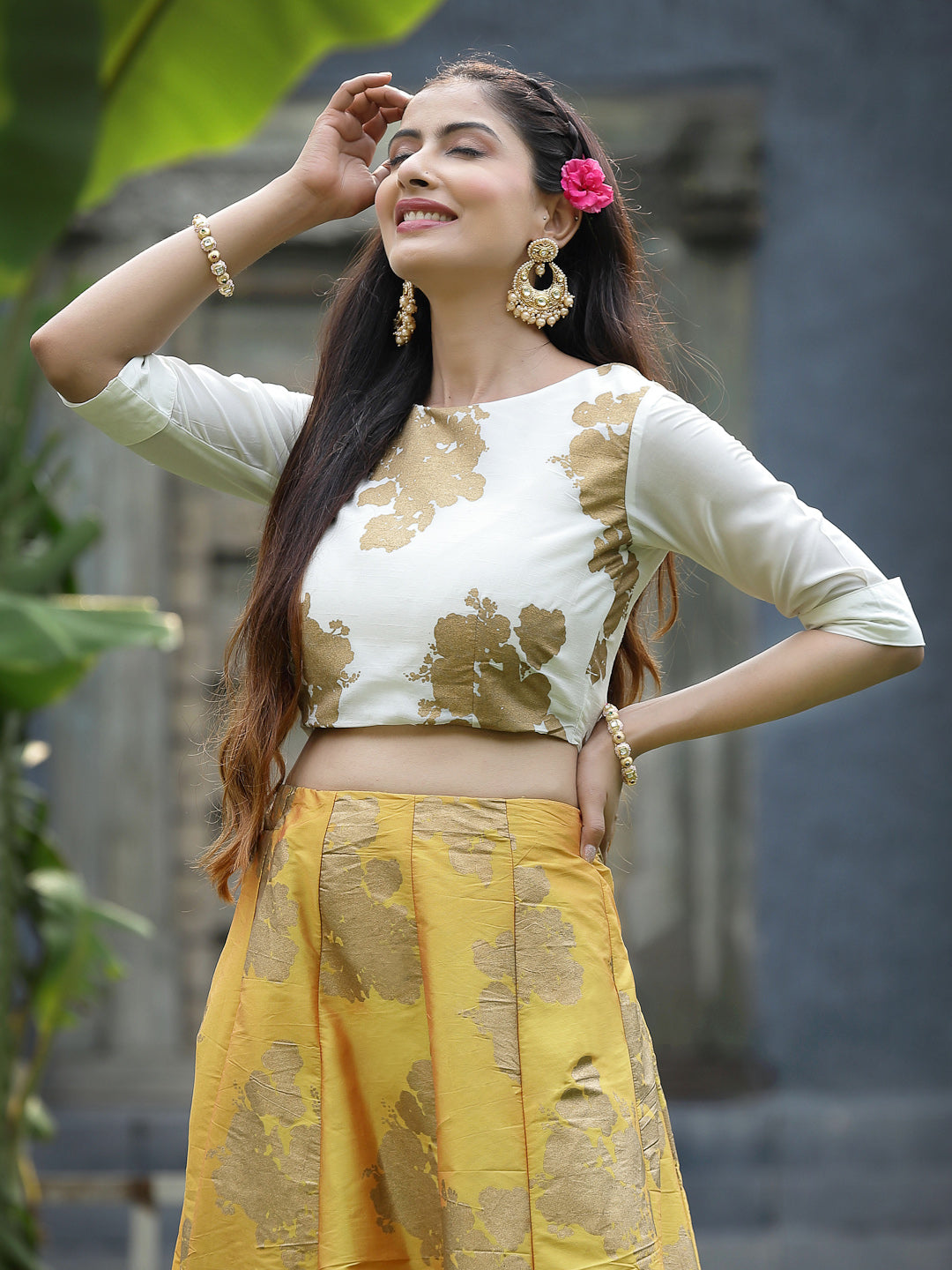 Juniper Women`s Mustard Dupion Printed Flared Lehenga Choli Sets