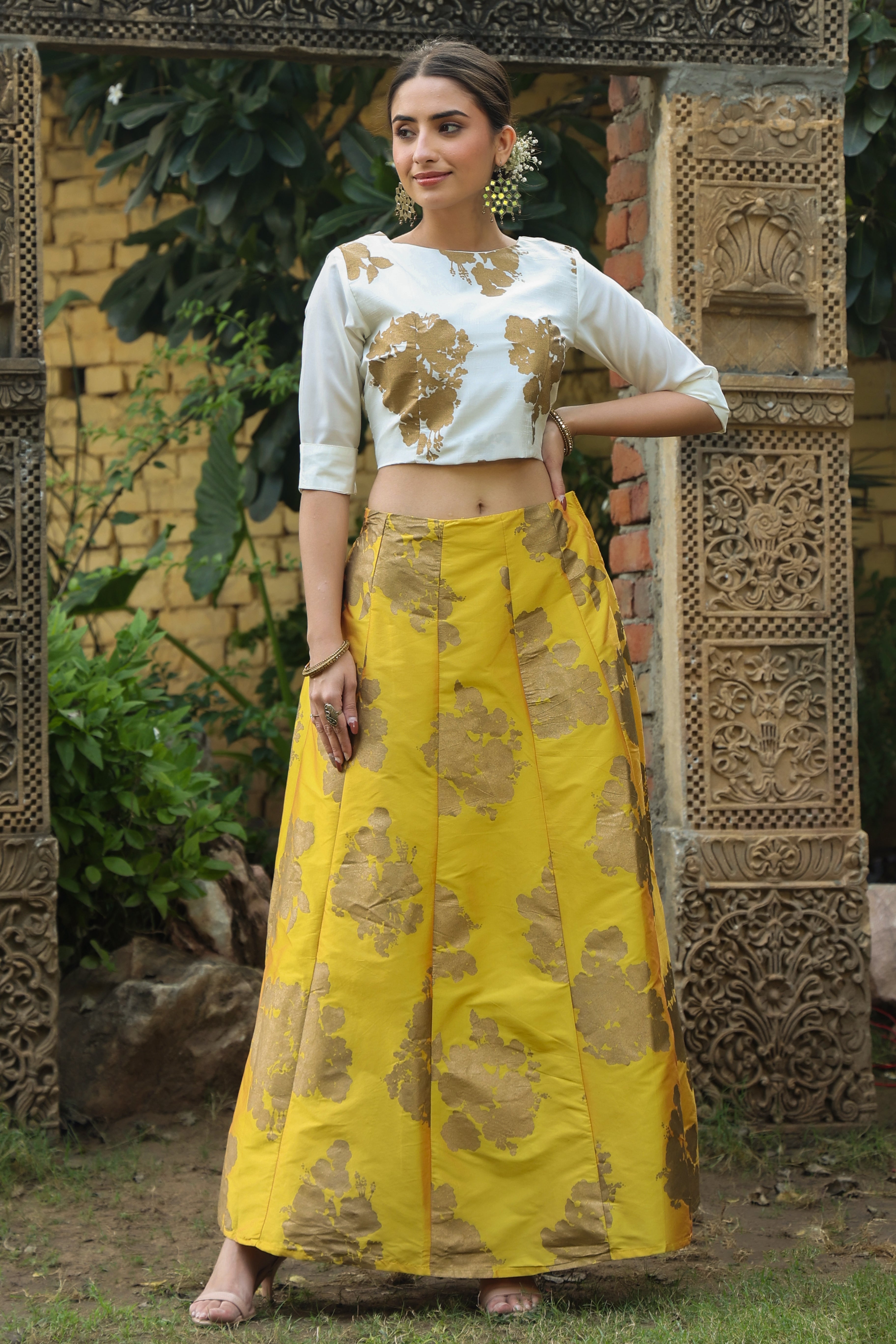 Juniper Women's Mustard Dupion Silk Printed Lehenga Choli Set