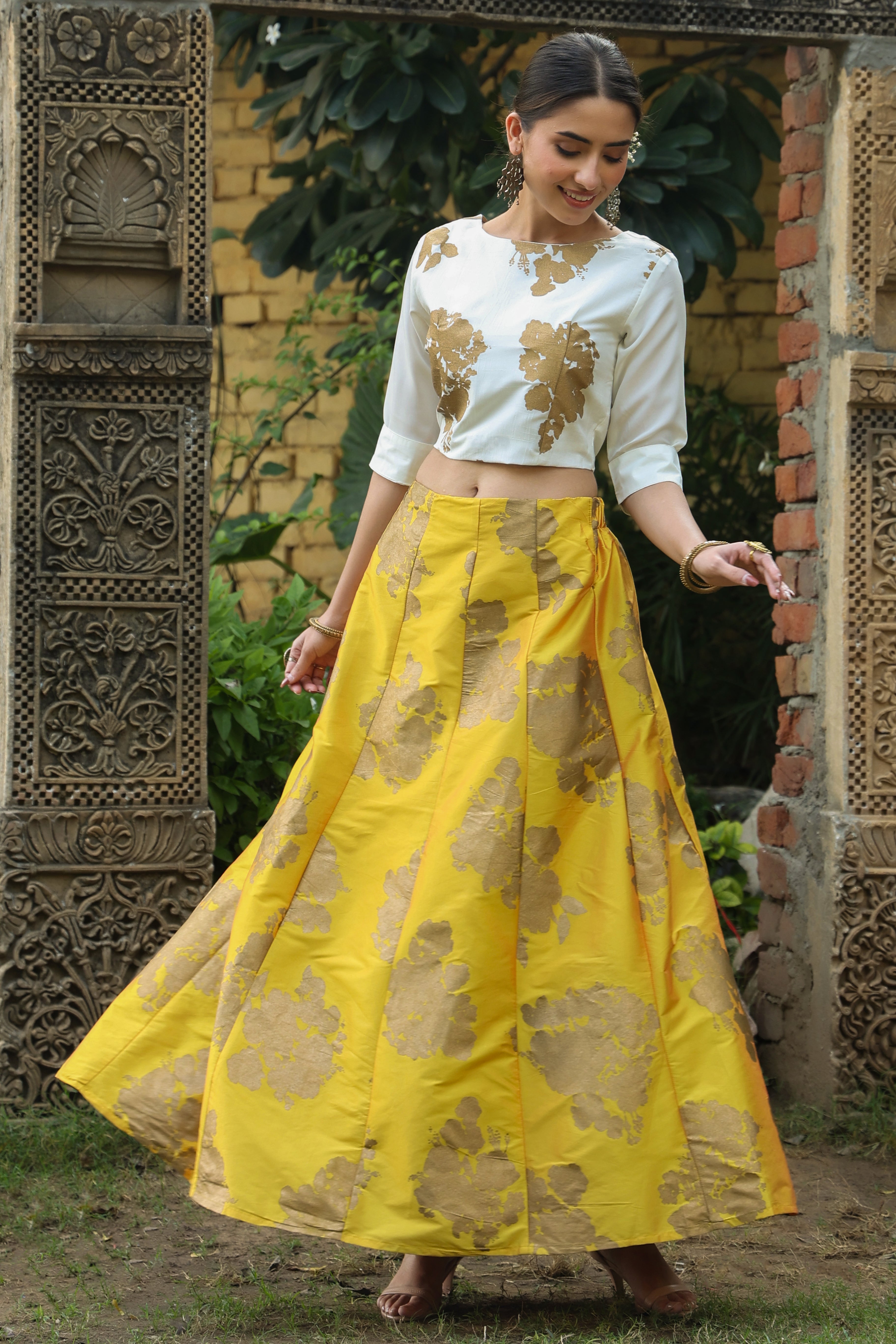Juniper Women's Mustard Dupion Silk Printed Lehenga Choli Set