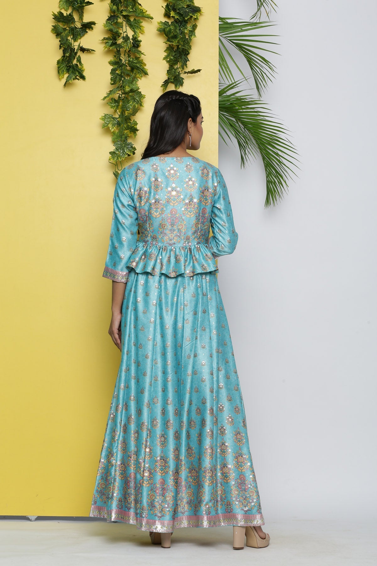 Juniper Mint Ethnic Motif Printed Satin Lehenga & Choli Set