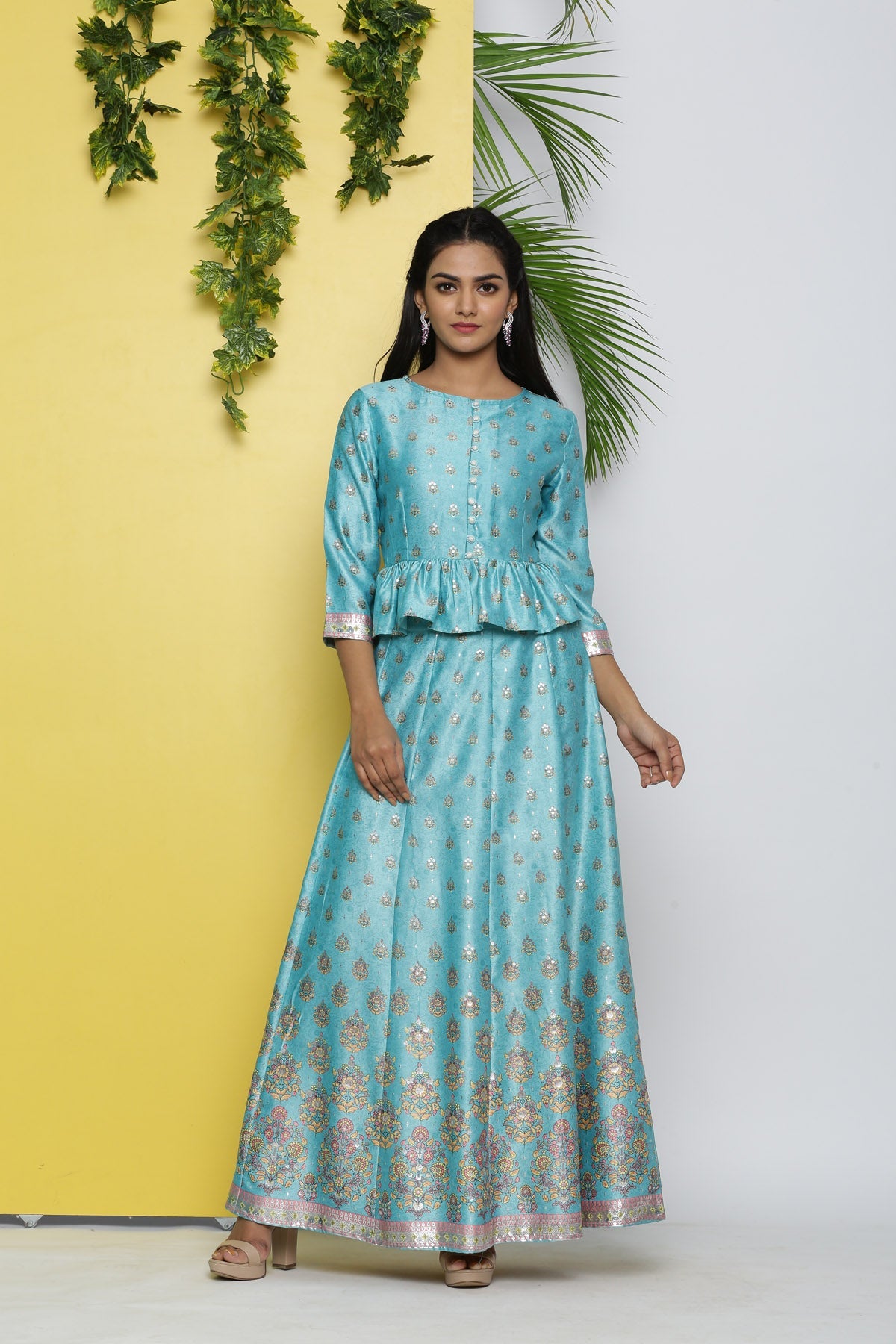 Juniper Mint Ethnic Motif Printed Satin Lehenga & Choli Set