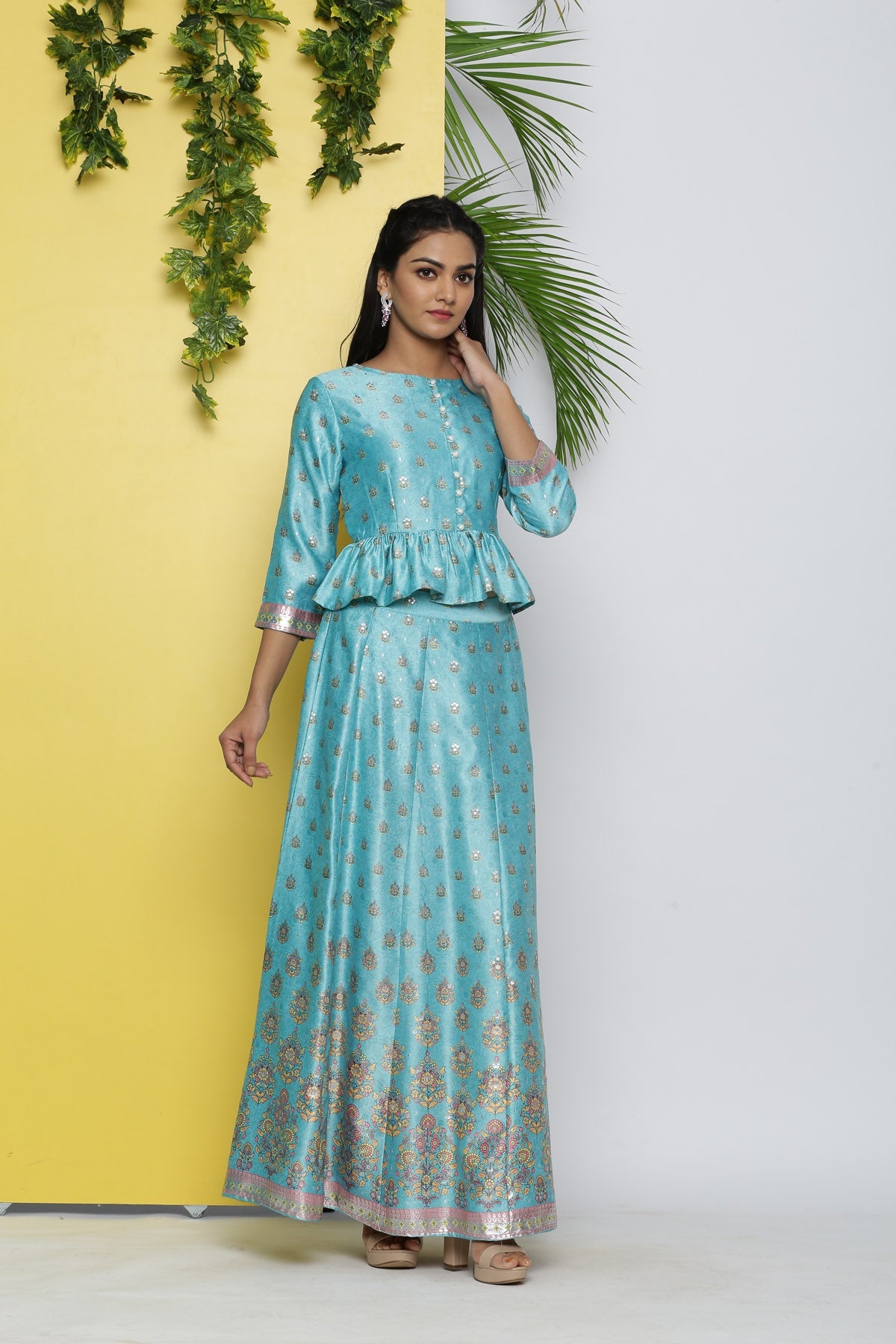 Juniper Mint Ethnic Motif Printed Satin Lehenga & Choli Set