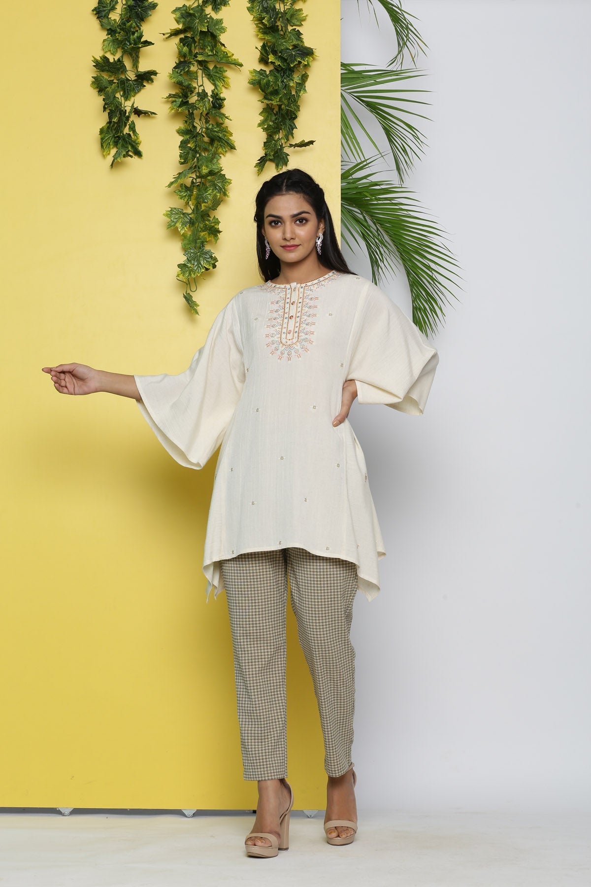 Juniper Off-White Thread Embroidered Rayon Flex Tunic