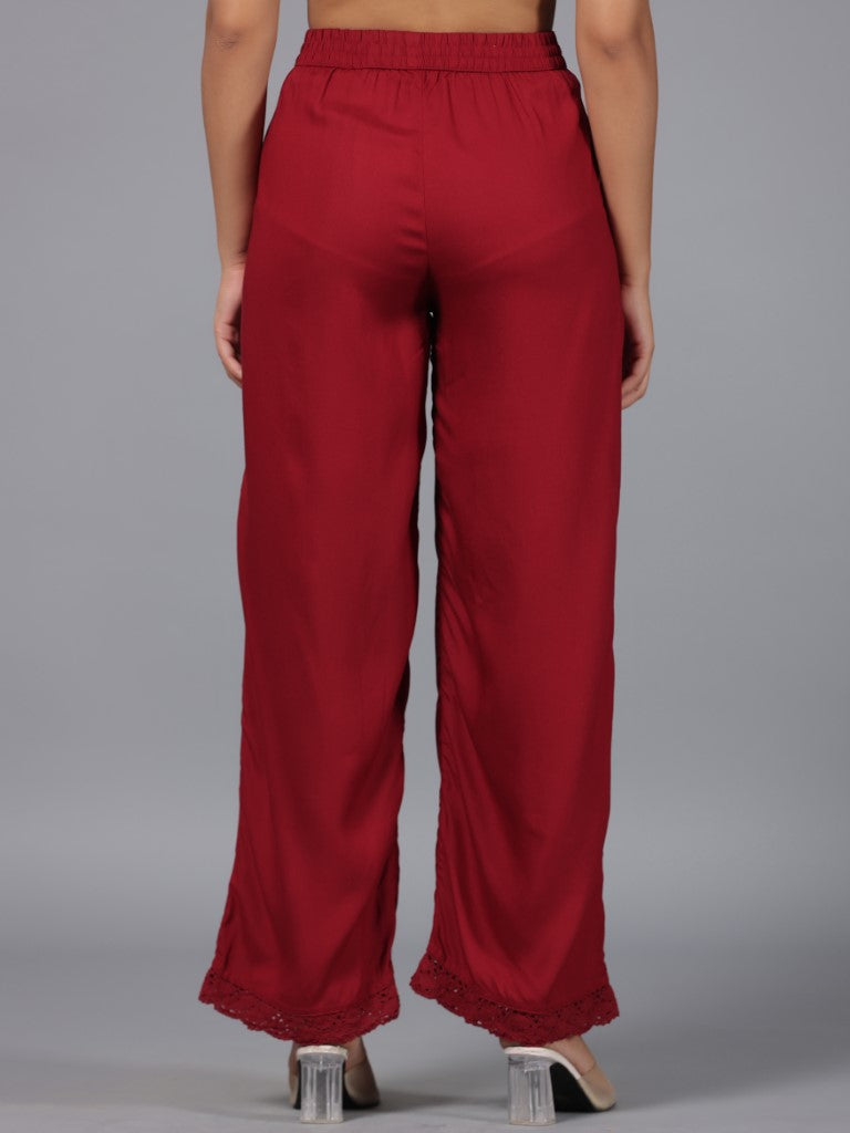 Juniper Maroon Solid Rayon Lacy Palazzo With Partially Elasticated Waistband