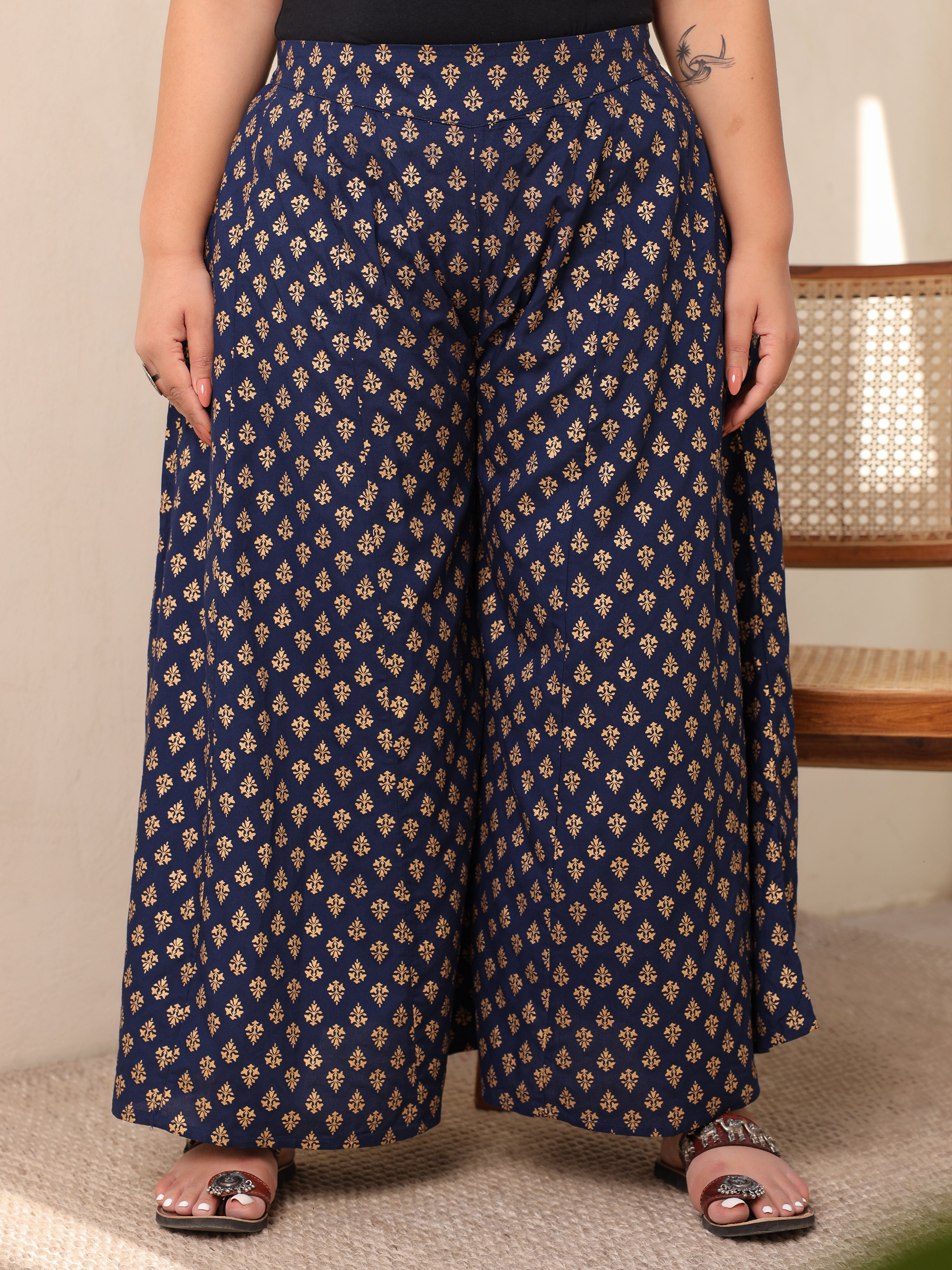 Juniper Navy Blue Ethnic Motif Printed Rayon Flared Women Palazzo With One Pocket