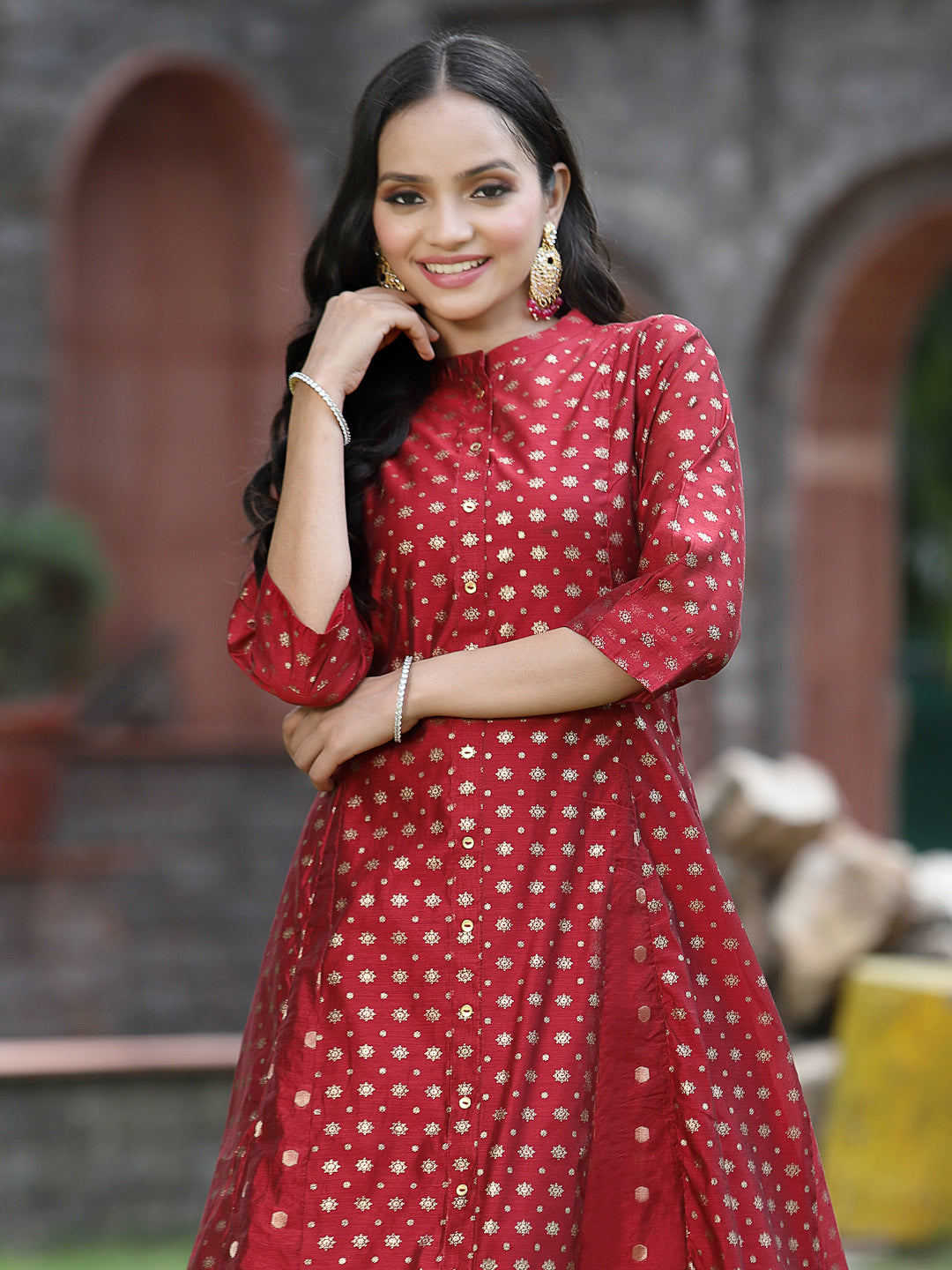 Juniper Women`s Maroon Chanderi Silk Printed Anarkali Kurta