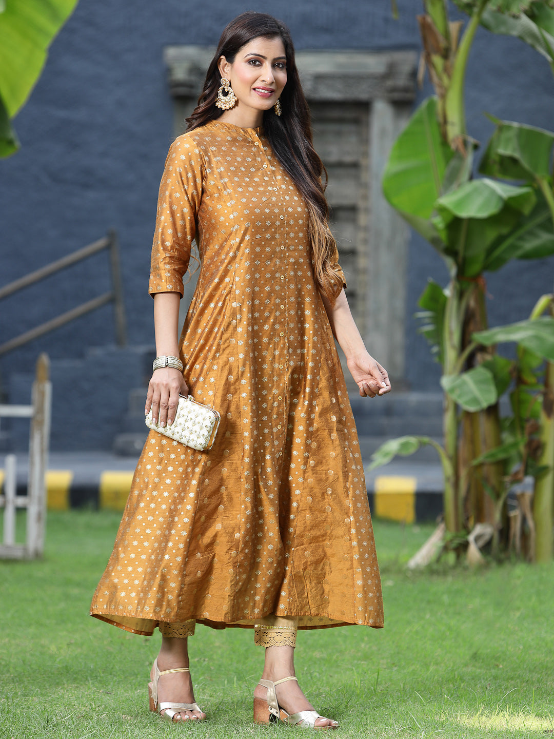 Juniper Mustard Polka Dot Printed Chanderi Kalidar Women Kurta