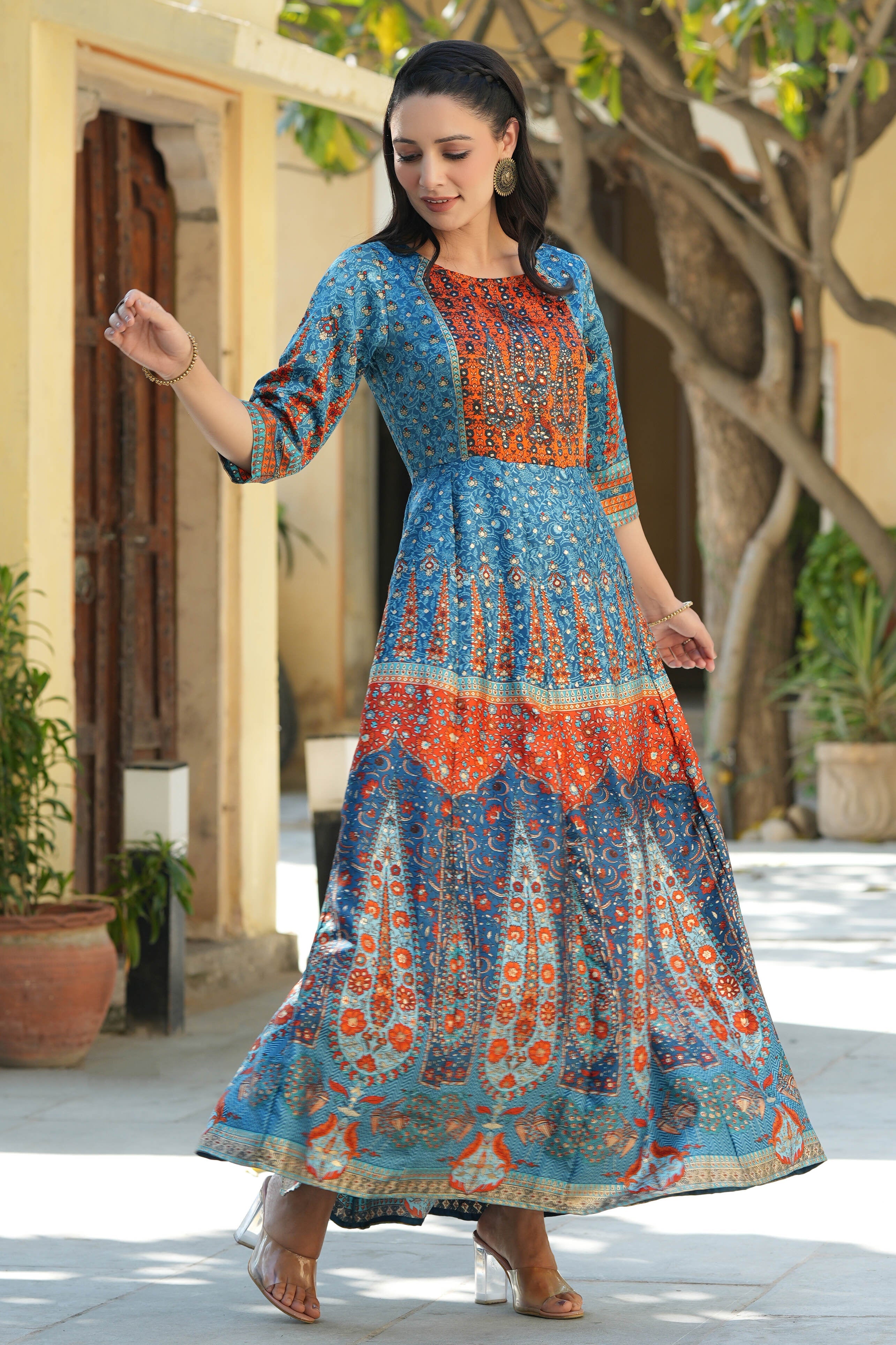 Juniper Teal Ethnic Motif Printed Dull Satin Anarkali Dress