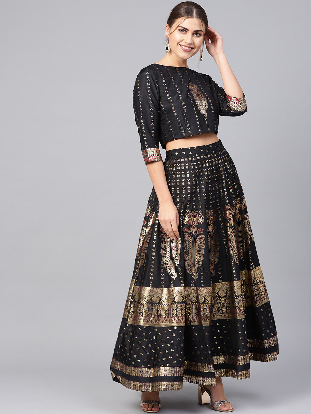 Juniper Women's Black Shantoon Printed Lehenga Choli Set