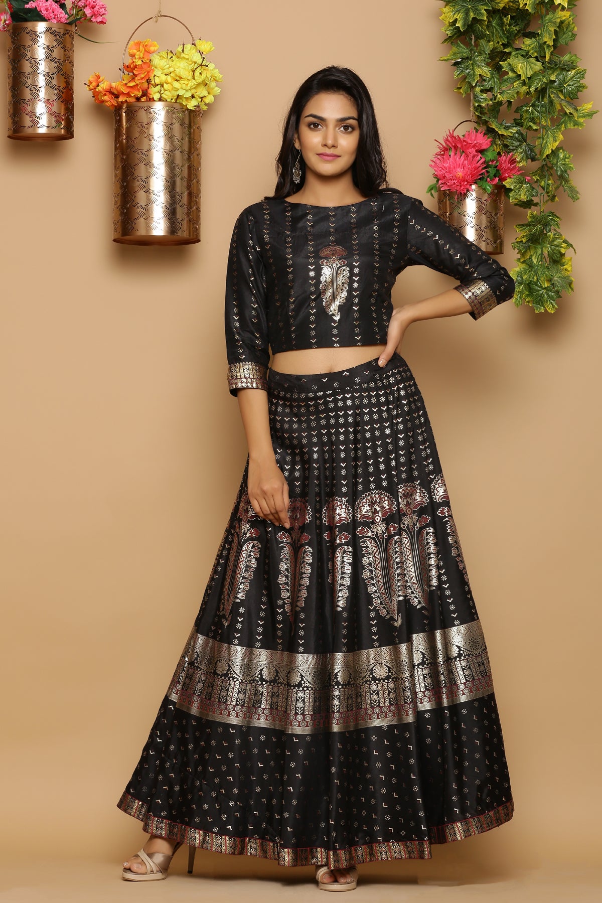 Juniper Women's Black Shantoon Printed Lehenga Choli Set